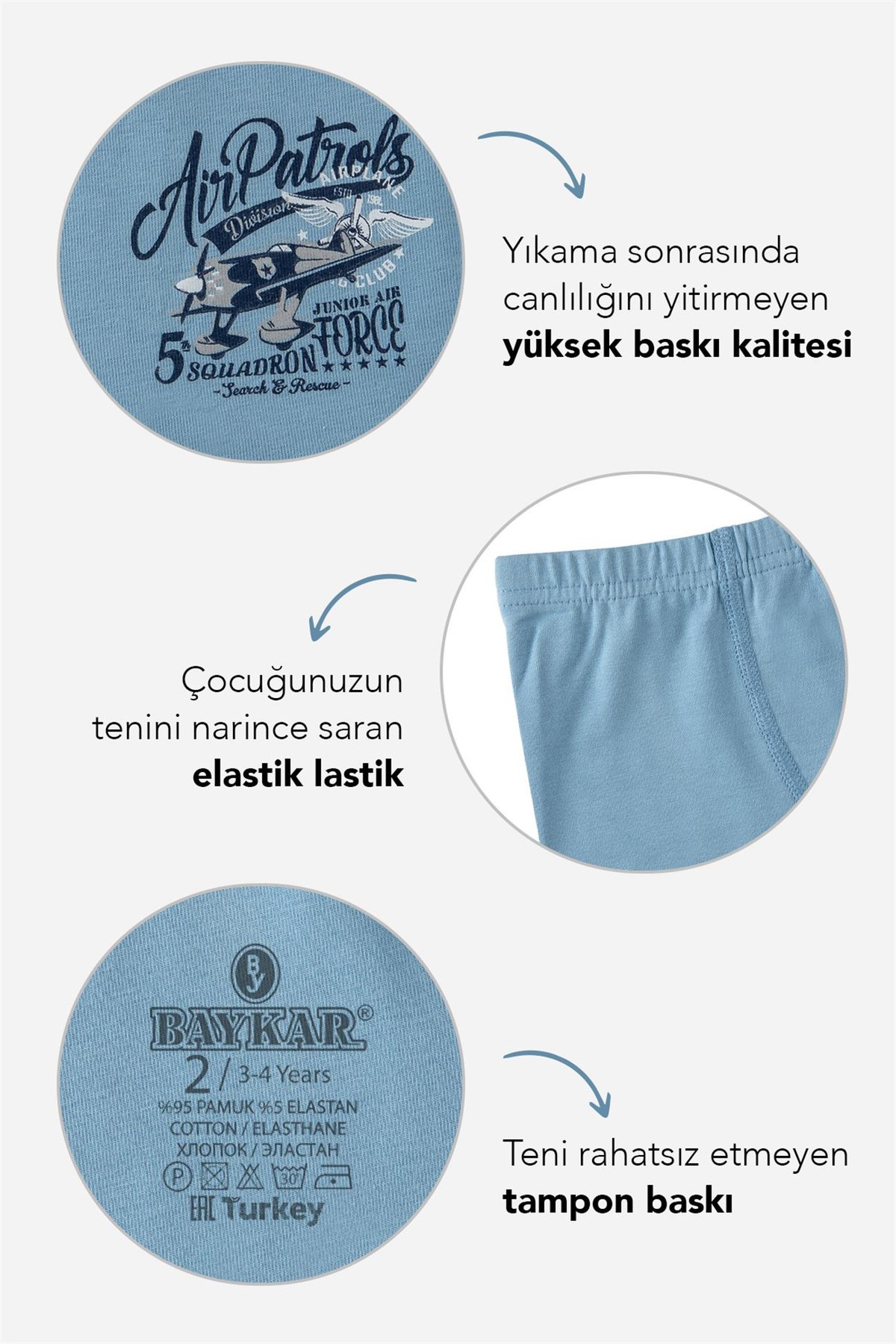 Erkek Çocuk Pamuklu Desenli Likralı Boxer 3'lü Paket 3710 Mavi