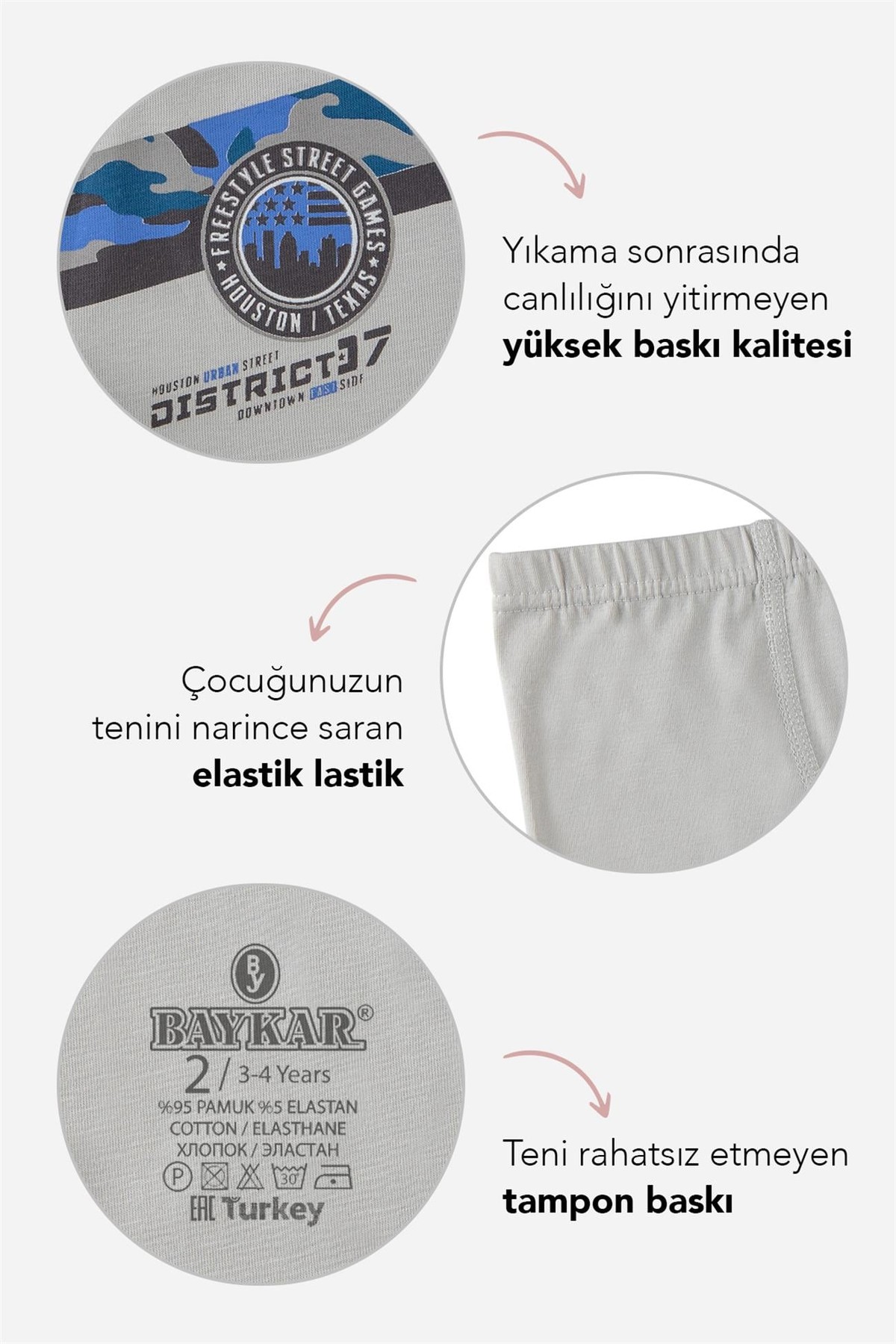 Erkek Çocuk Pamuklu Desenli Likralı Boxer 3'lü Paket 3708 Gri