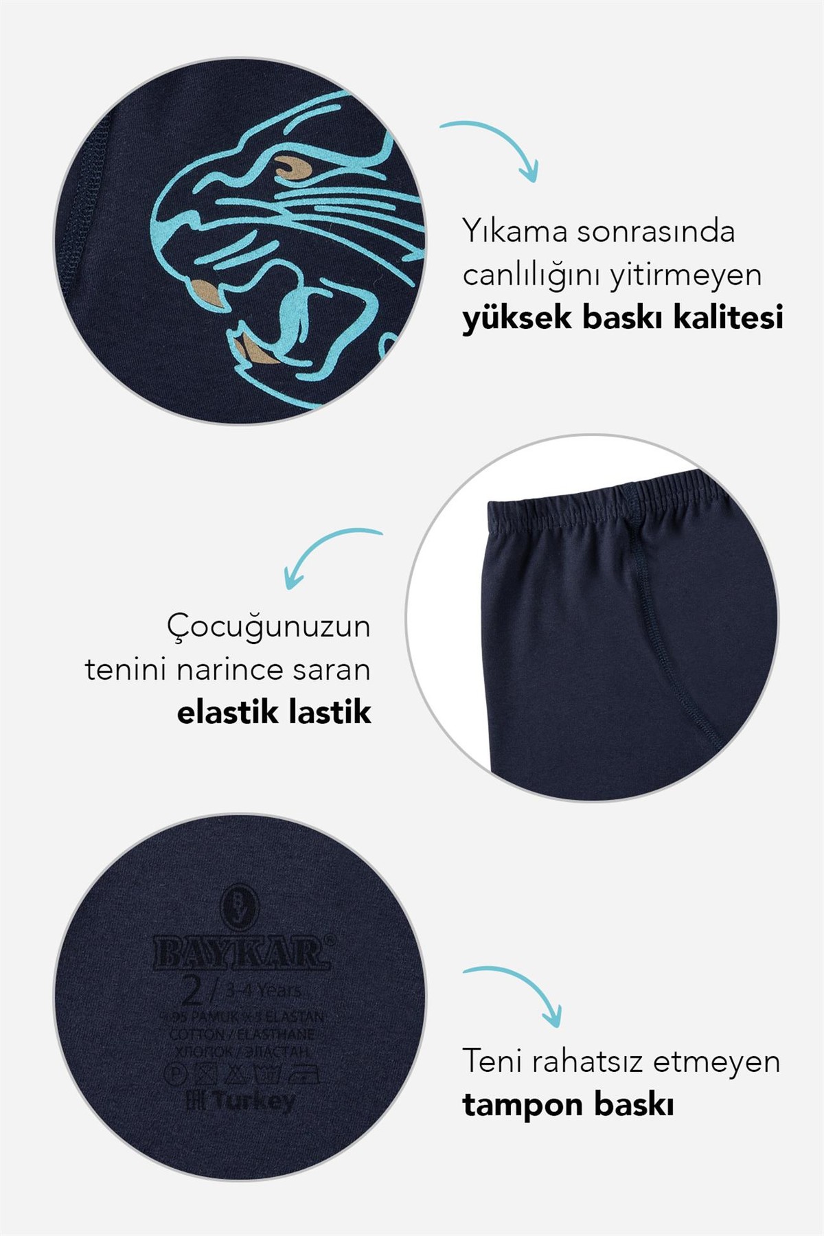 Erkek Çocuk Pamuklu Kaplan Desenli Likralı Boxer 3'lü Paket 3917 Siyah