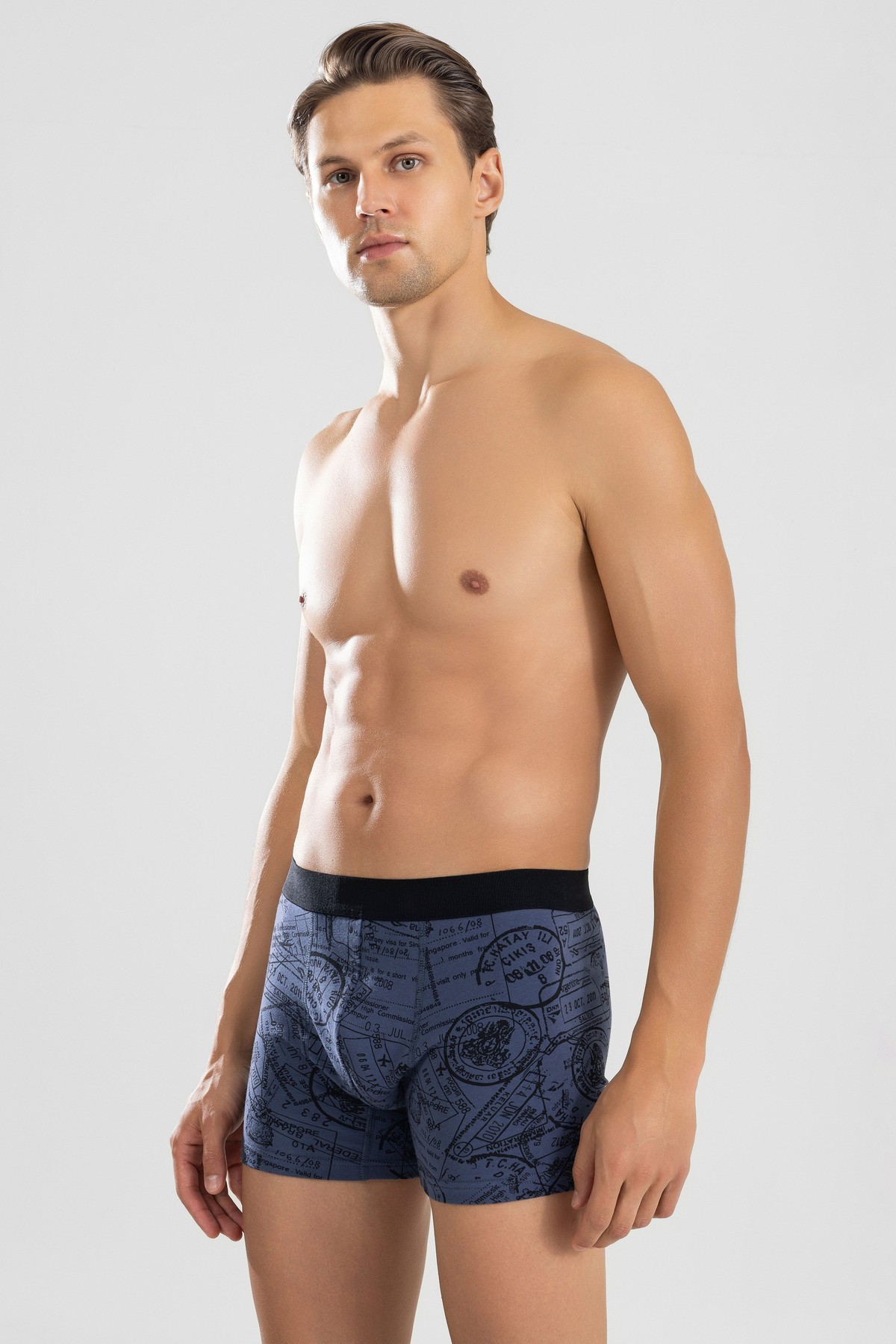 Erkek Desenli Likralı Pamuklu Desenli Boxer 1412 Lacivert