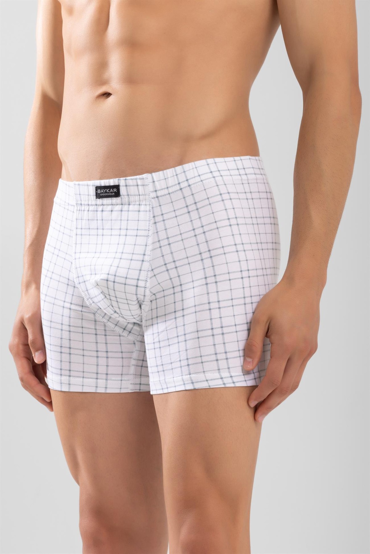 Erkek Ekose Desenli Likralı Pamuklu Compact Boxer Beyaz