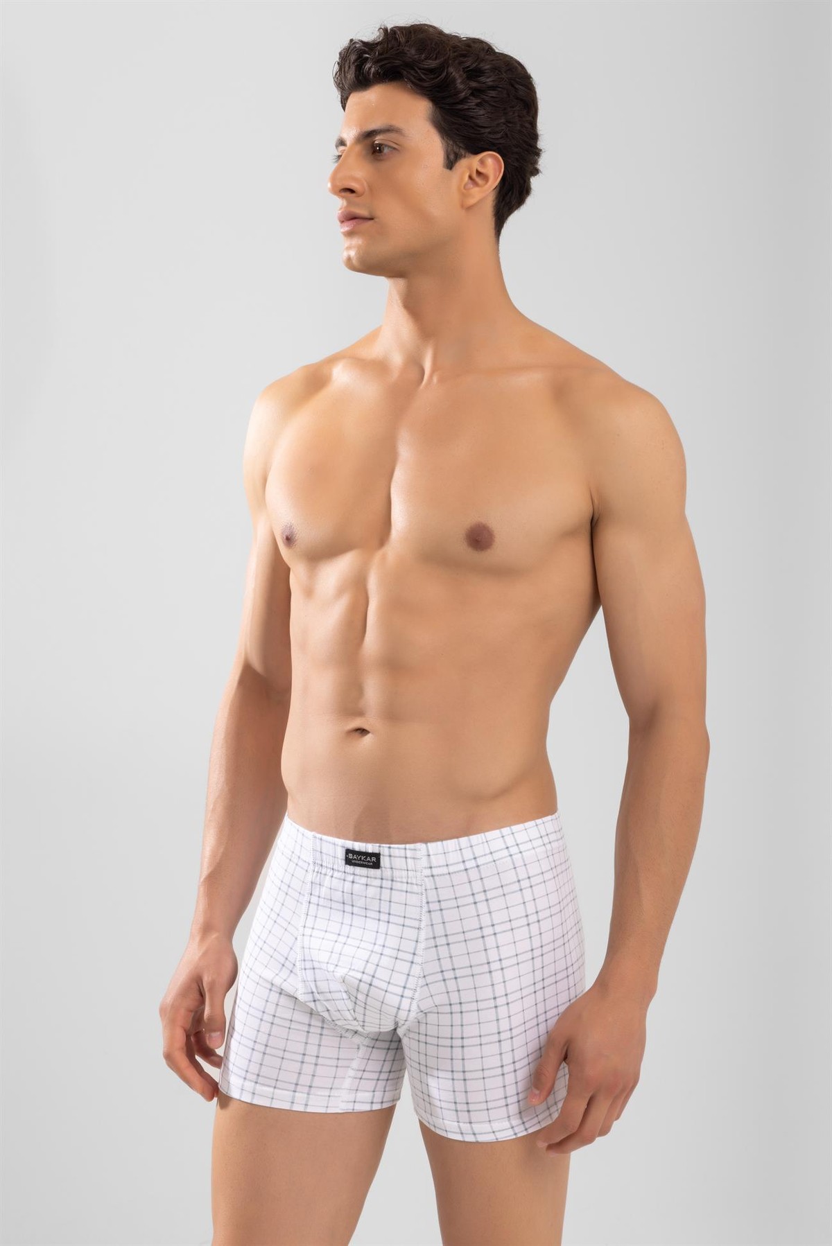 Erkek Ekose Desenli Likralı Pamuklu Compact Boxer Beyaz