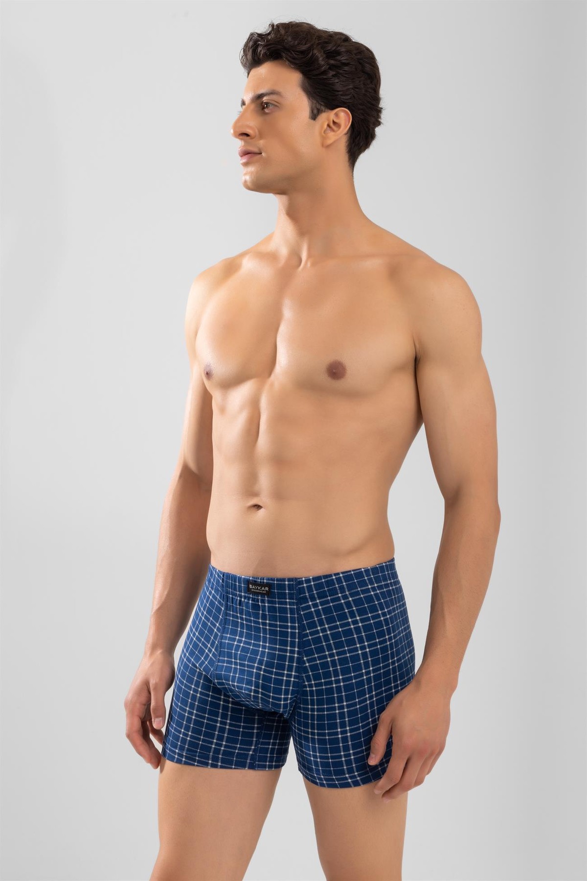 Erkek Ekose Desenli Likralı Pamuklu Compact Boxer Lacivert