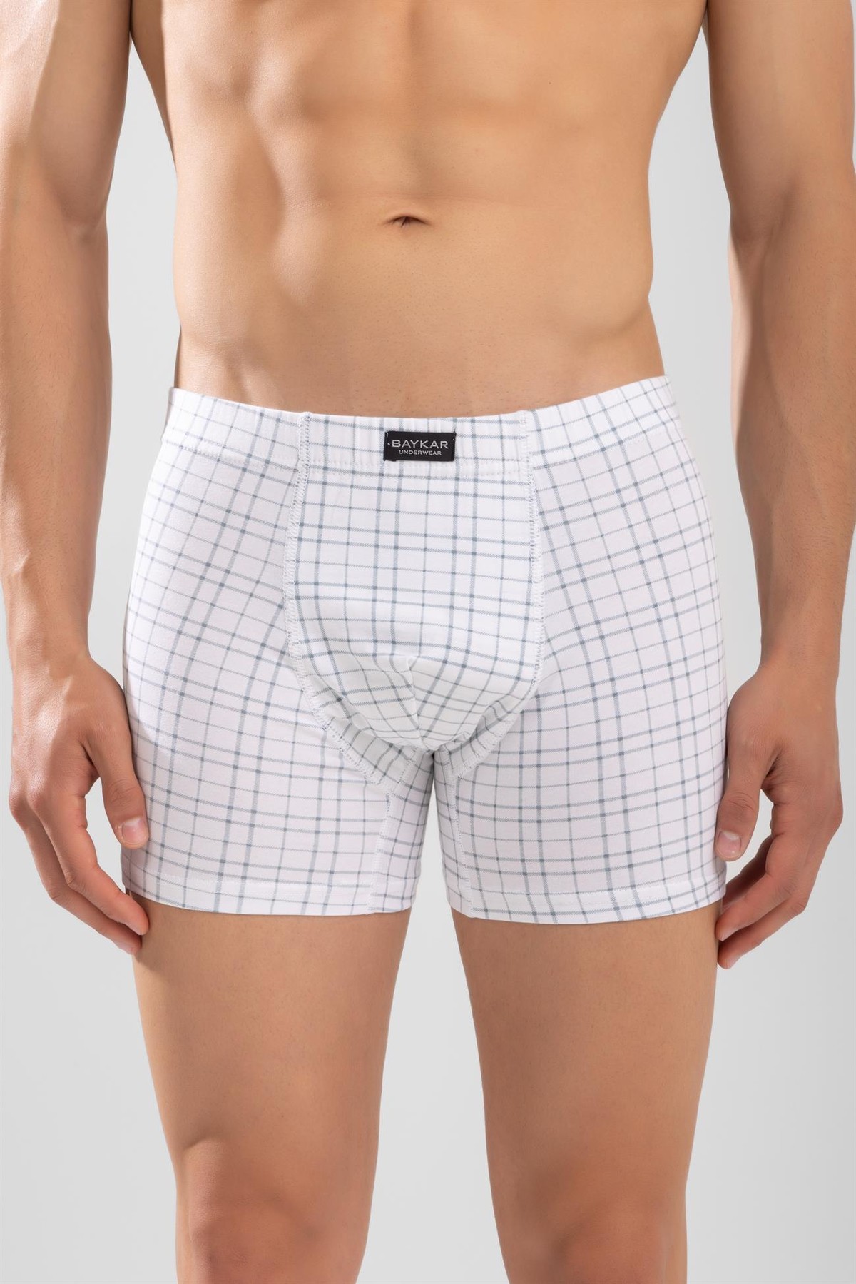 Erkek Ekose Desenli Likralı Pamuklu Compact Boxer Beyaz