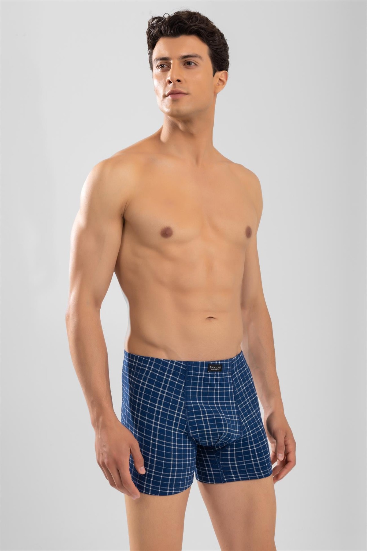 Erkek Ekose Desenli Likralı Pamuklu Compact Boxer Lacivert