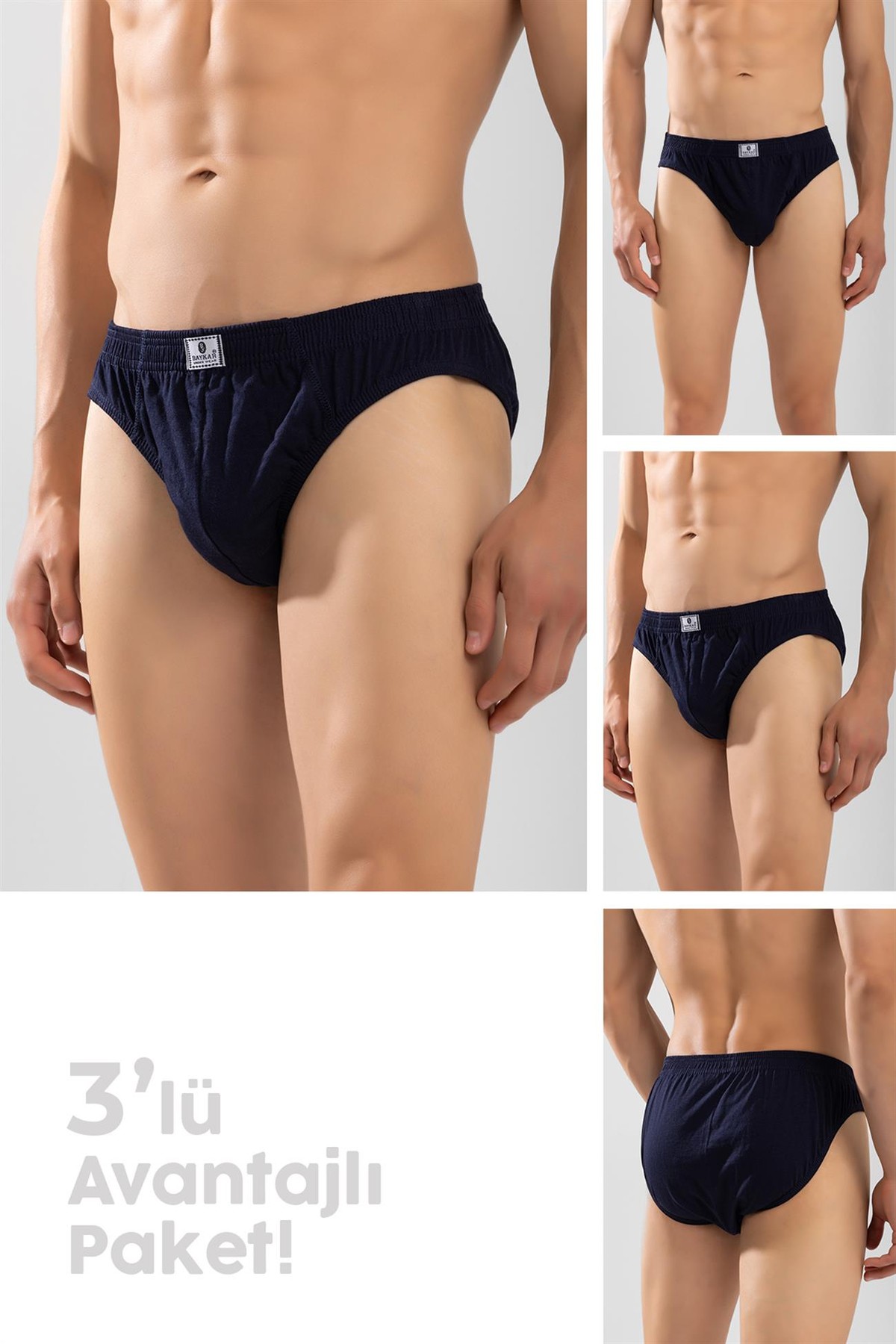 Erkek Pamuklu Beli Lastikli Düz Slip Külot 3'lü Paket Lacivert