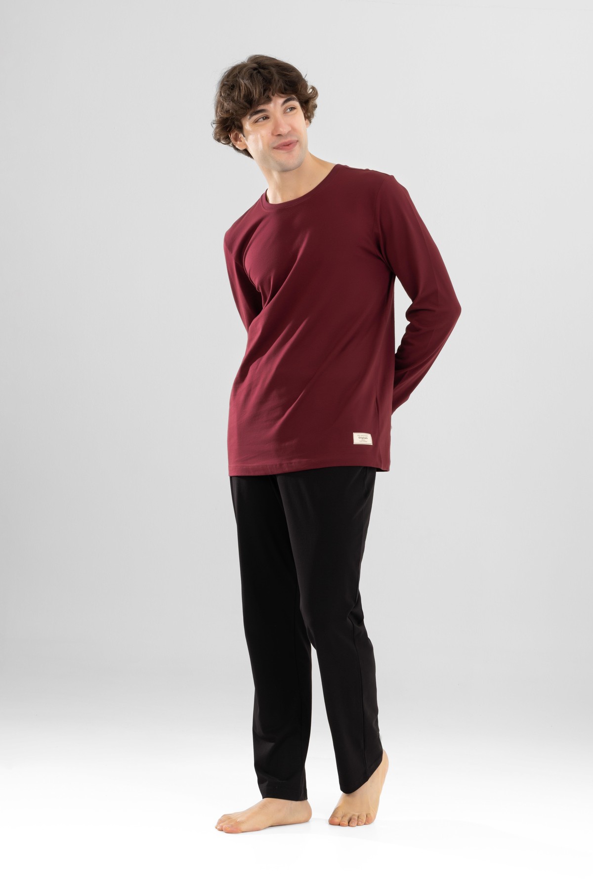 Erkek Pamuklu Bisiklet Yaka Baskılı Uzun Kollu Pijama Takımı 9802 BORDO