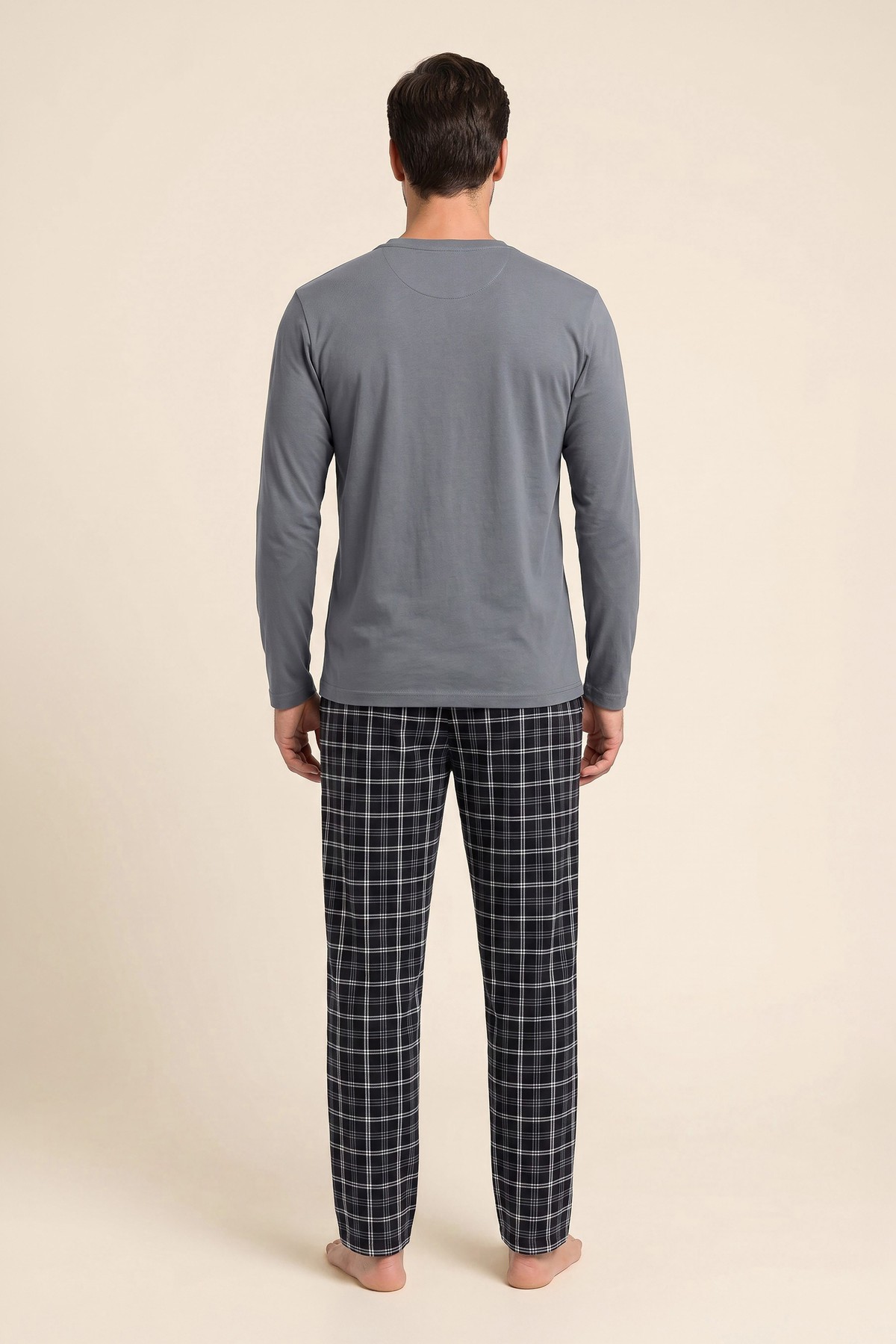 Erkek Pamuklu Bisiklet Yaka Baskılı Uzun Kollu Pijama Takımı 9814 Gri