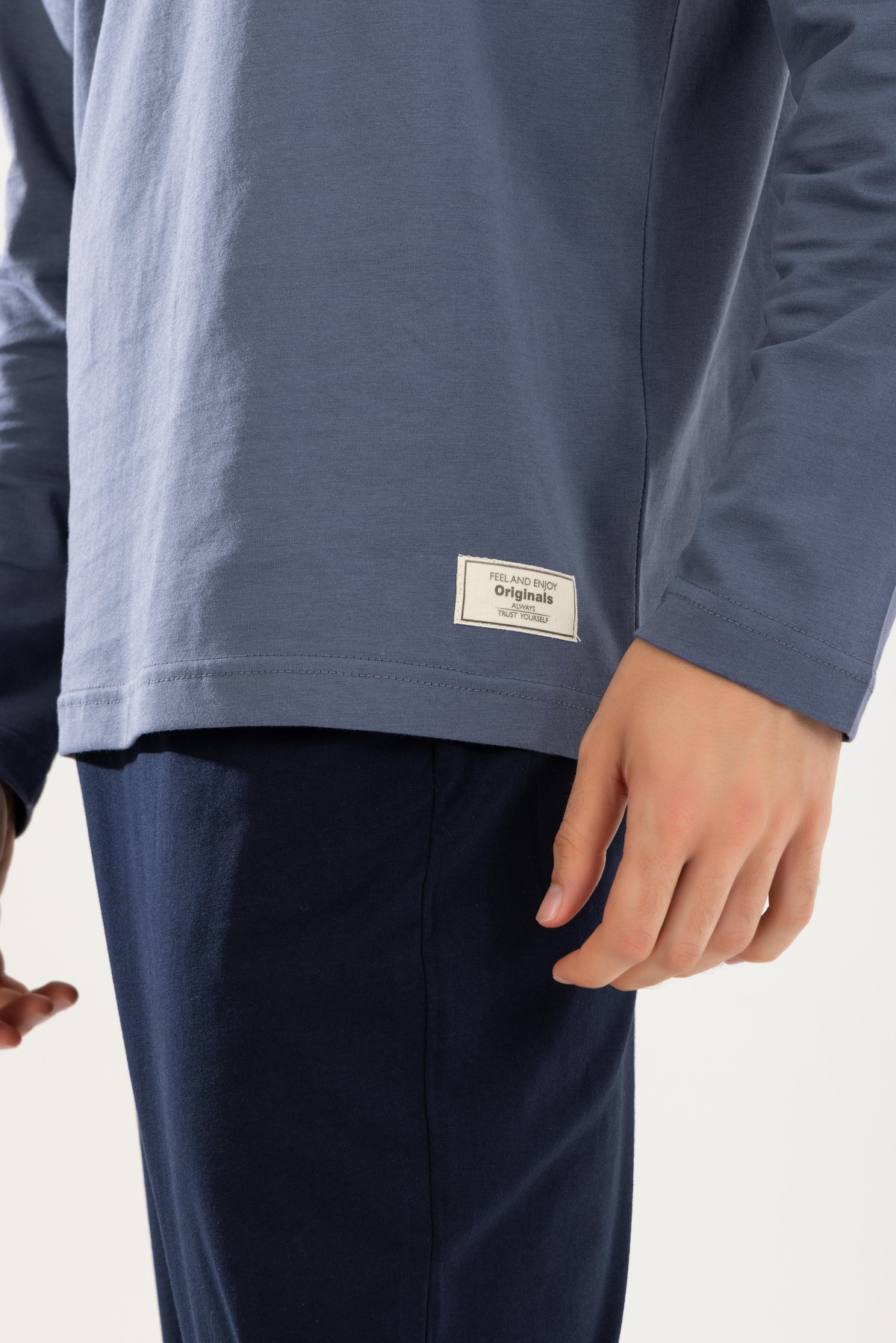 Erkek Pamuklu Bisiklet Yaka Baskılı Uzun Kollu Pijama Takımı 9805 Gri Melanj