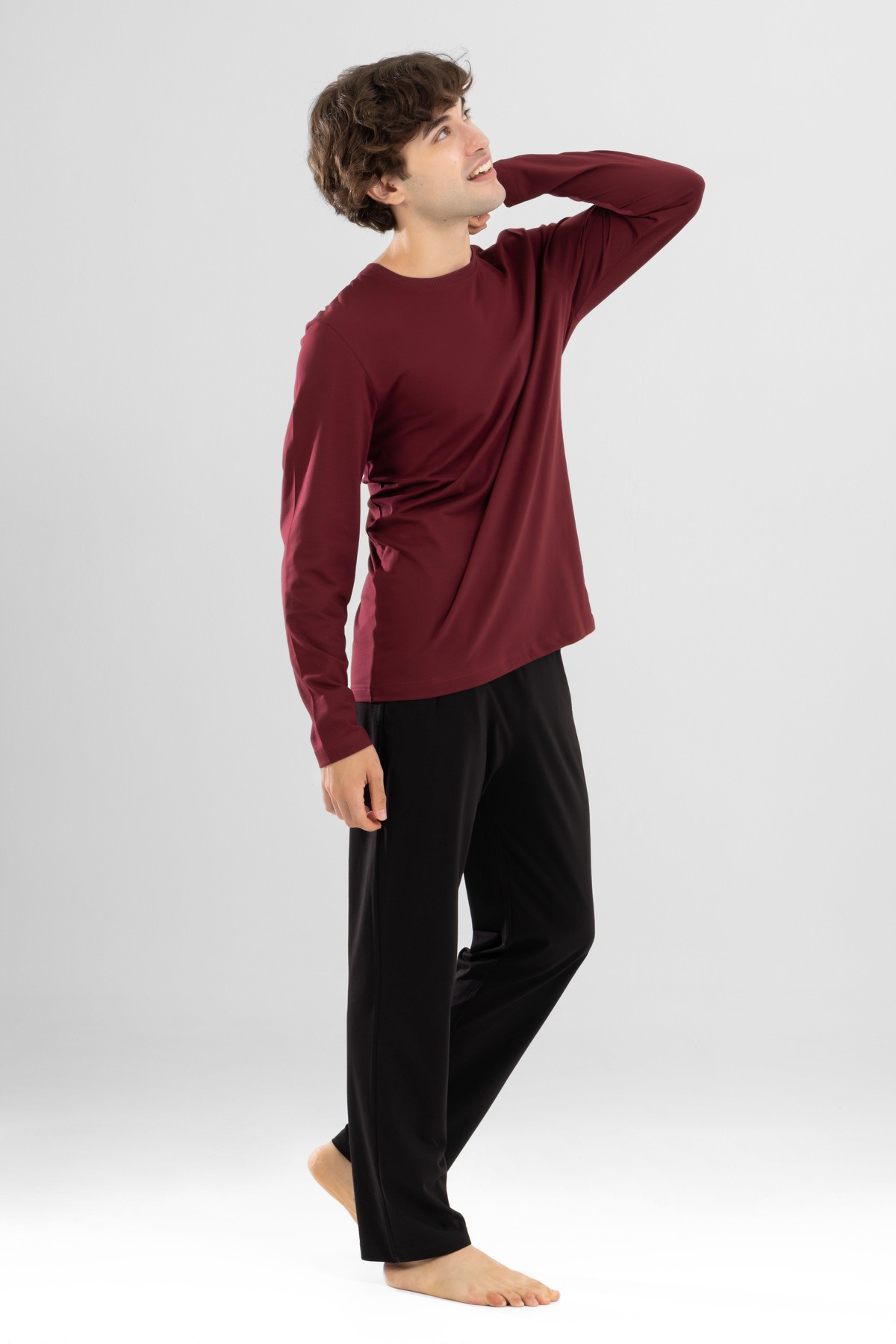 Erkek Pamuklu Bisiklet Yaka Baskılı Uzun Kollu Pijama Takımı 9802 BORDO