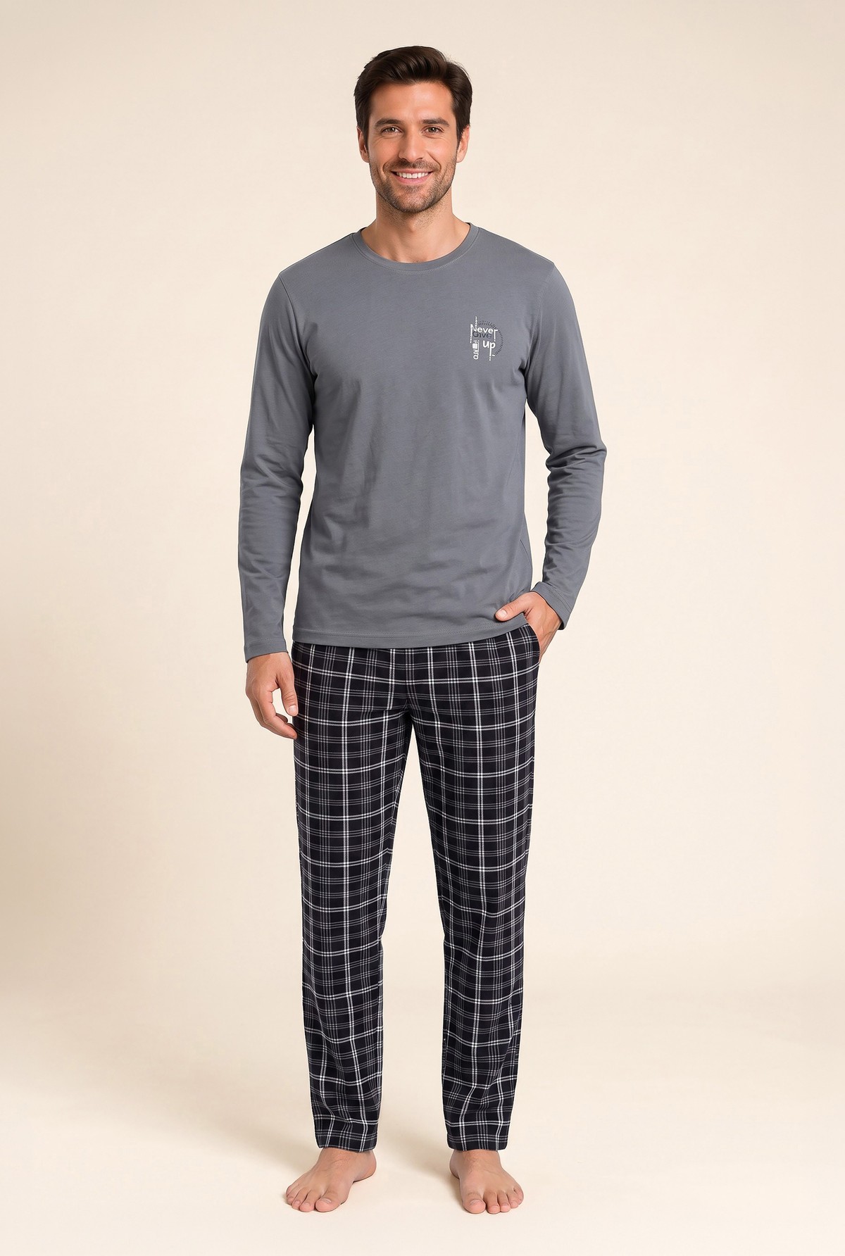 Erkek Pamuklu Bisiklet Yaka Baskılı Uzun Kollu Pijama Takımı 9814 Gri