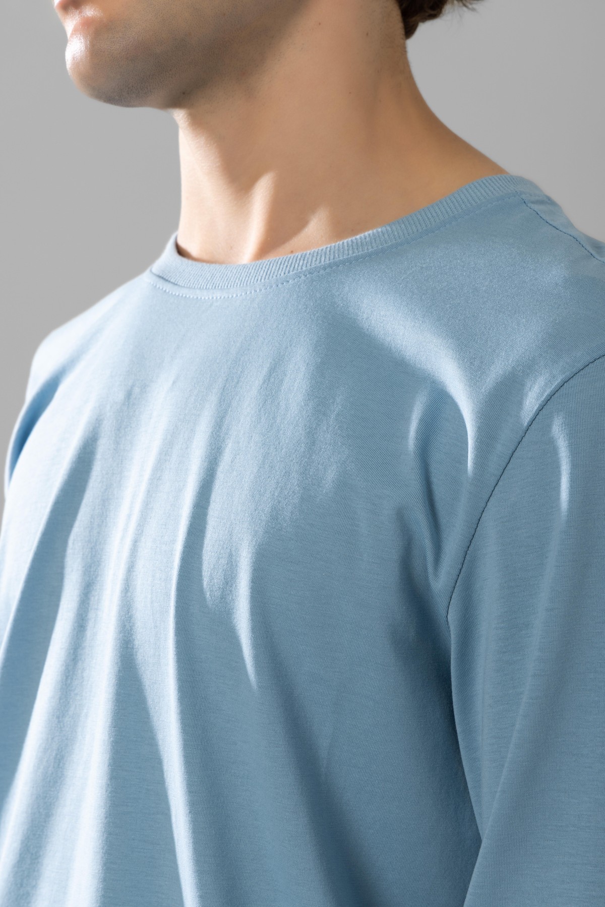Erkek Pamuklu Bisiklet Yaka Baskılı Uzun Kollu Pijama Takımı 9806 Mavi
