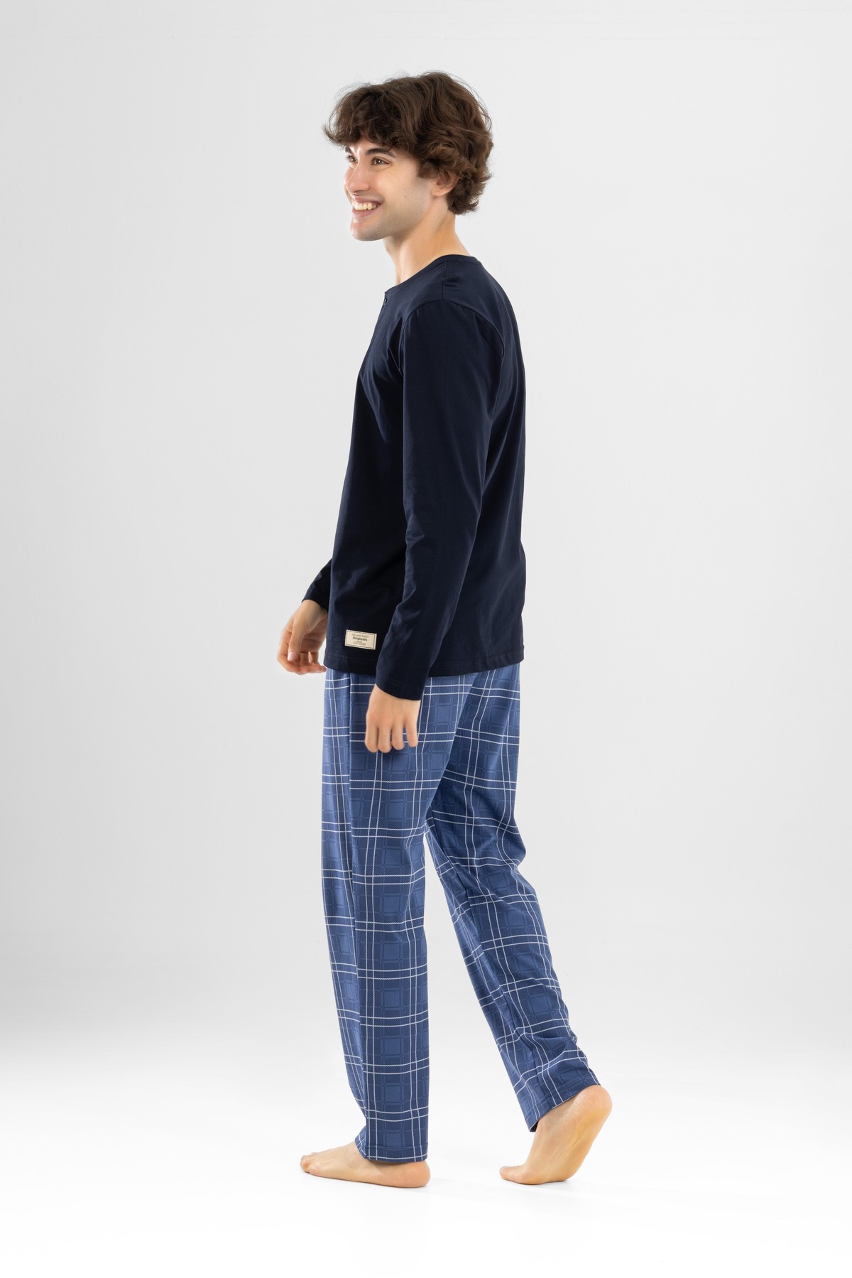 Erkek Pamuklu Bisiklet Yaka Baskılı Uzun Kollu Pijama Takımı 9803 Lacivert