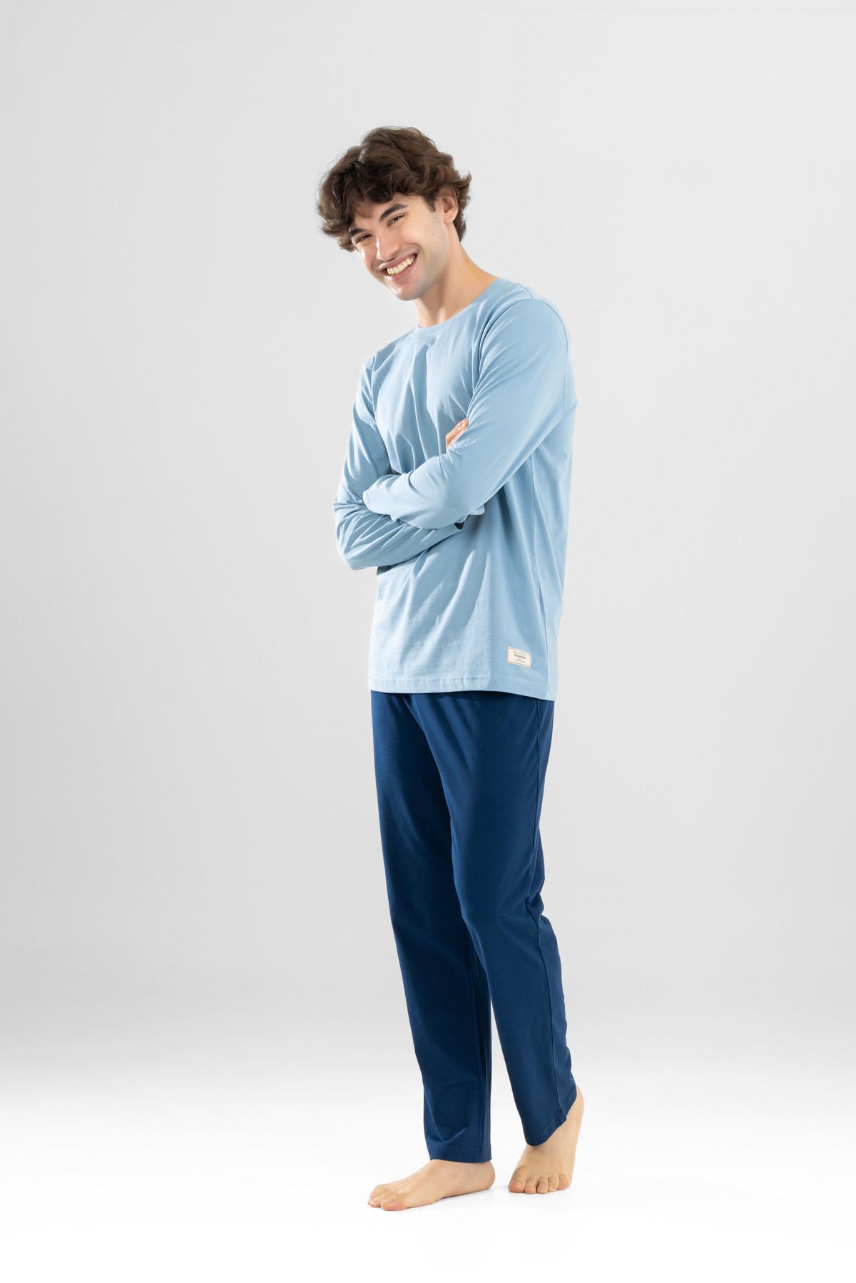 Erkek Pamuklu Bisiklet Yaka Baskılı Uzun Kollu Pijama Takımı 9806 Mavi