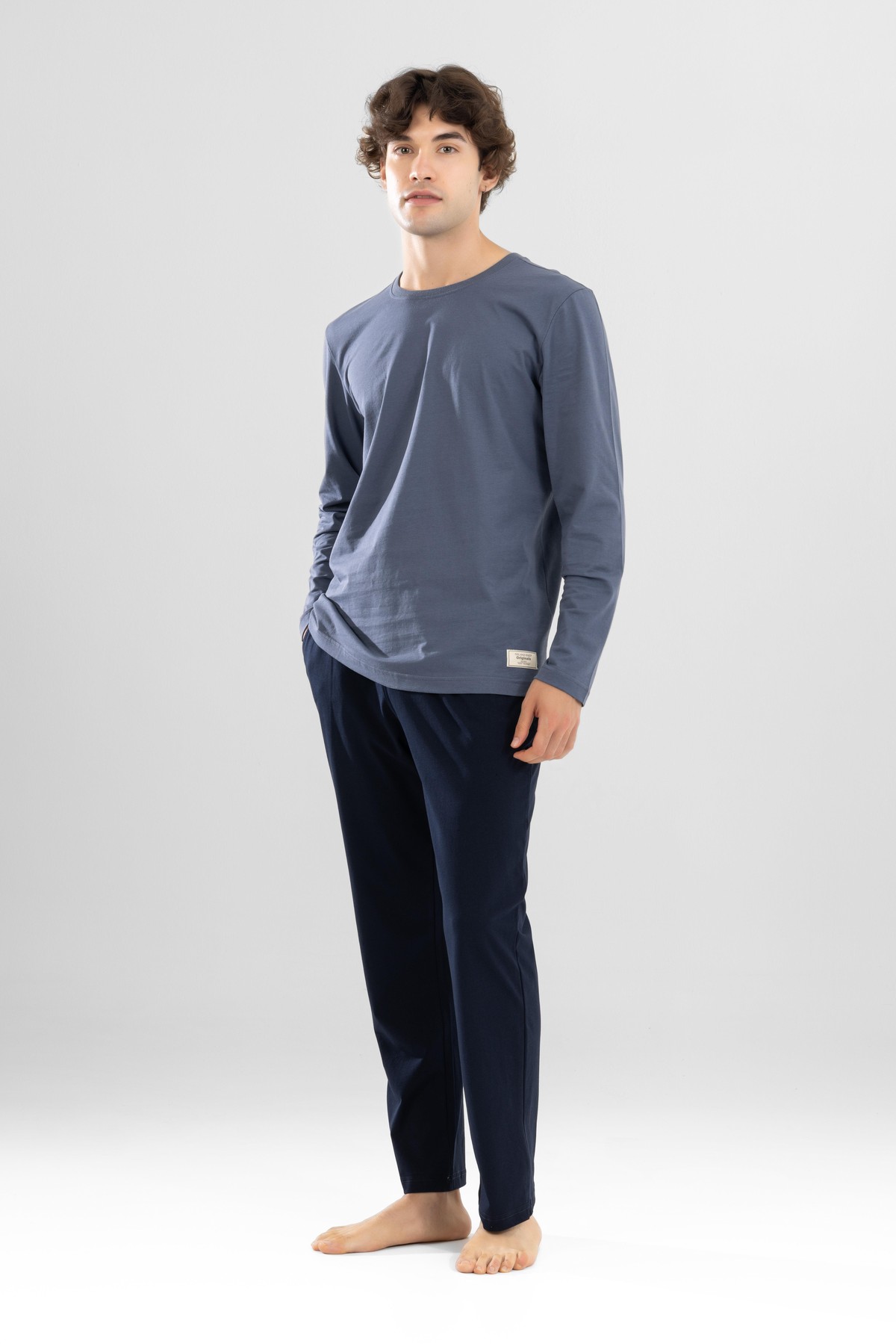 Erkek Pamuklu Bisiklet Yaka Baskılı Uzun Kollu Pijama Takımı 9805 Gri Melanj