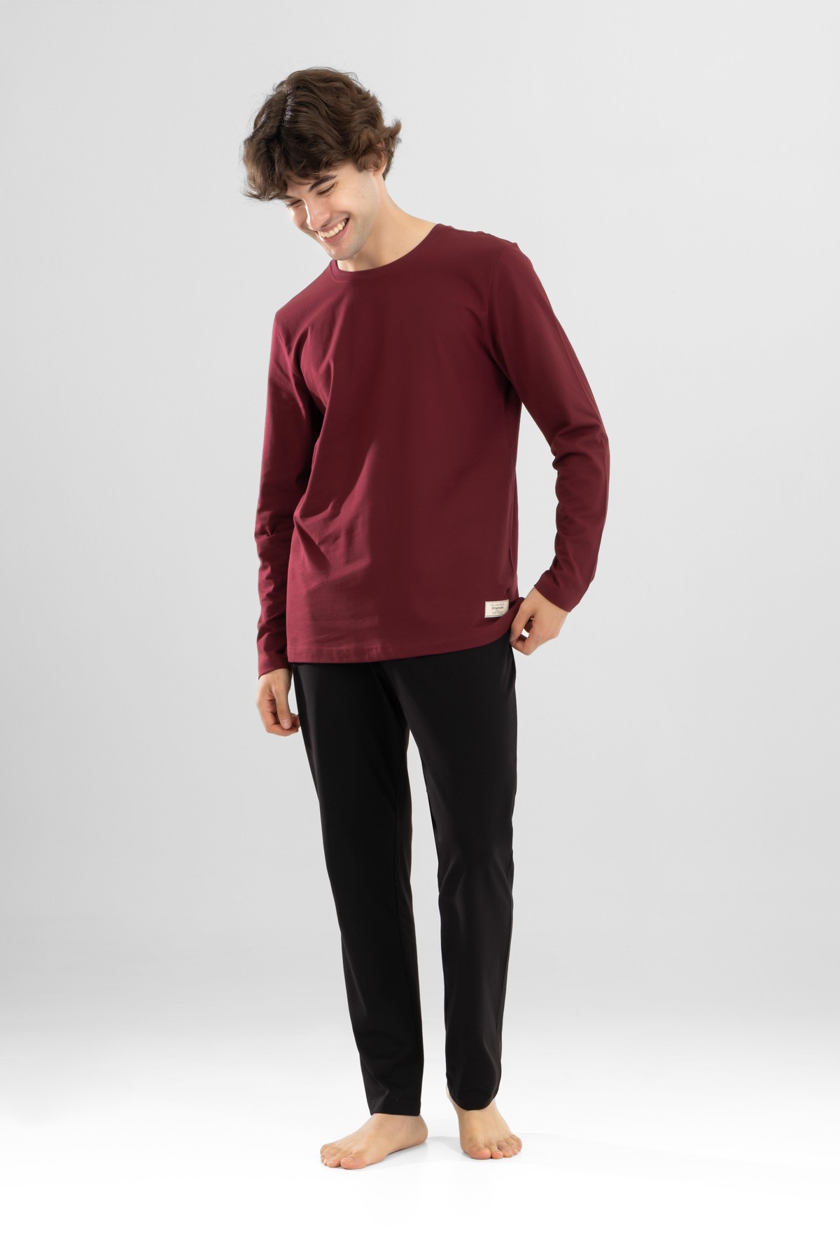 Erkek Pamuklu Bisiklet Yaka Baskılı Uzun Kollu Pijama Takımı 9802 BORDO