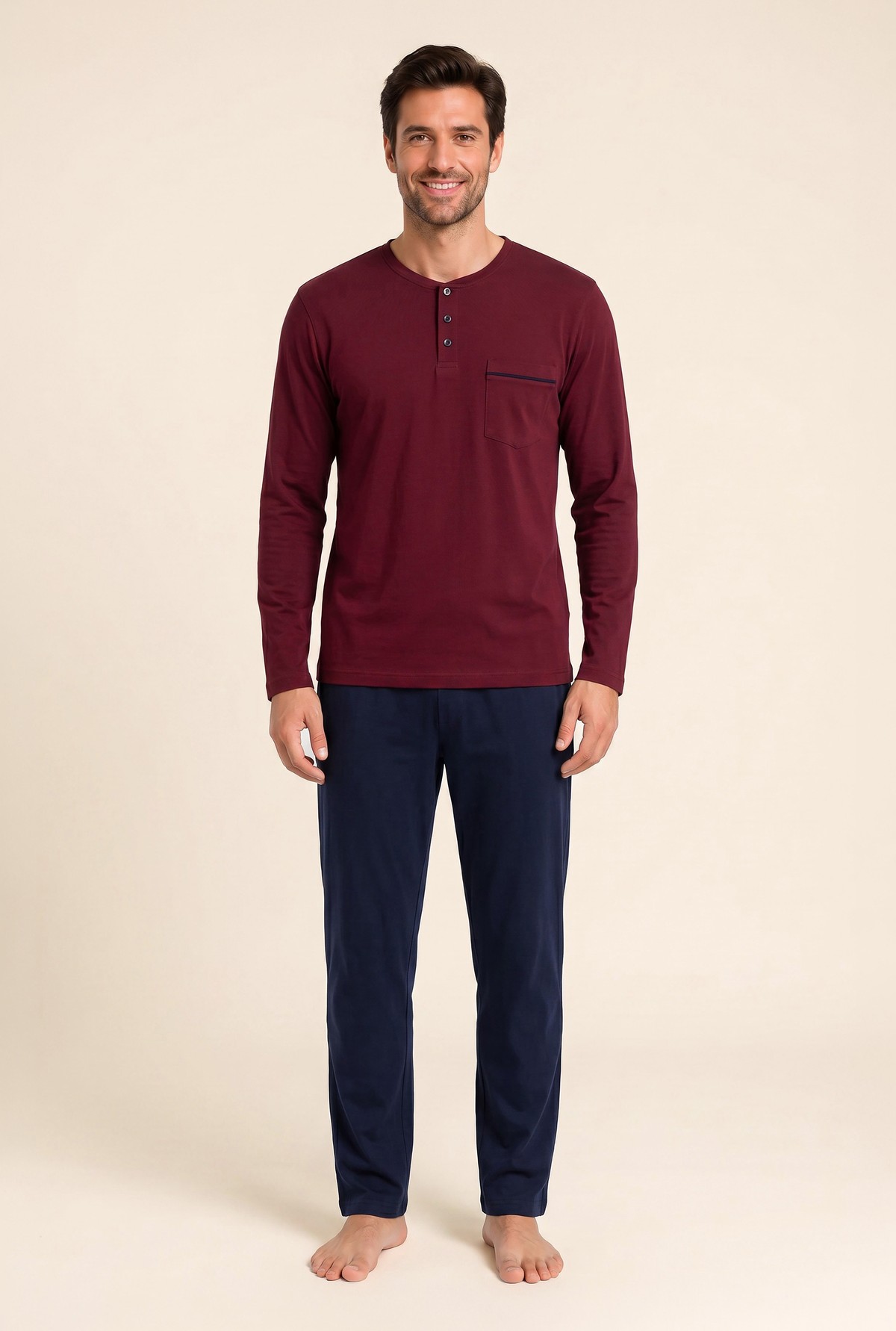 Erkek Pamuklu Bisiklet Yaka Uzun Kollu Pijama Takımı 9809 BORDO