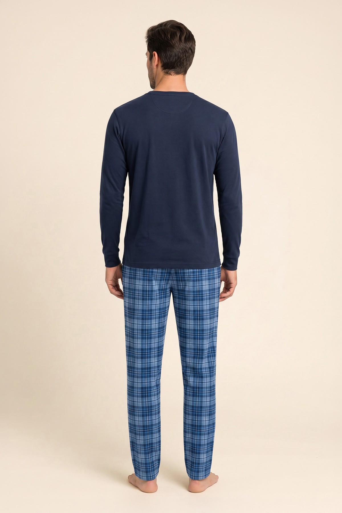 Erkek Pamuklu Bisiklet Yaka Uzun Kollu Pijama Takımı 9808 Lacivert