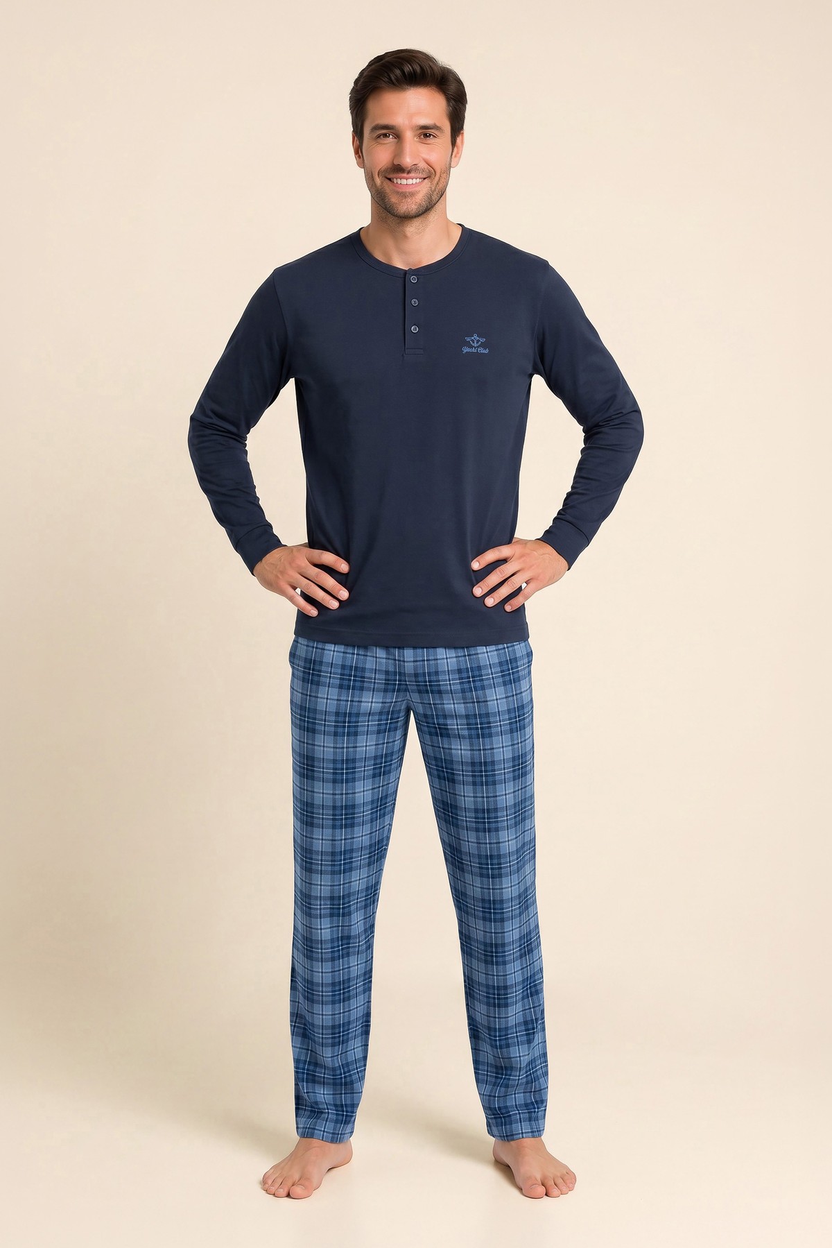 Erkek Pamuklu Bisiklet Yaka Uzun Kollu Pijama Takımı 9808 Lacivert