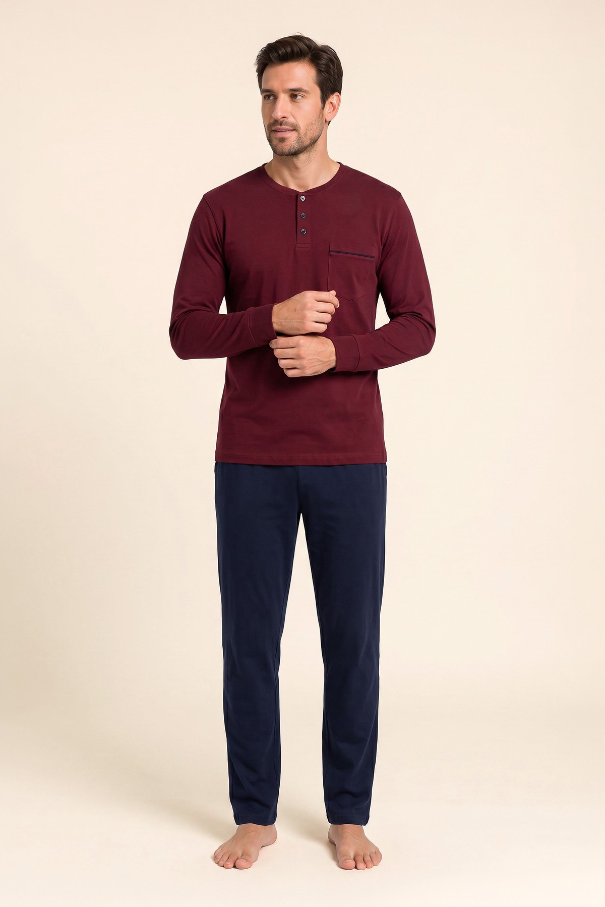 Erkek Pamuklu Bisiklet Yaka Uzun Kollu Pijama Takımı 9809 BORDO