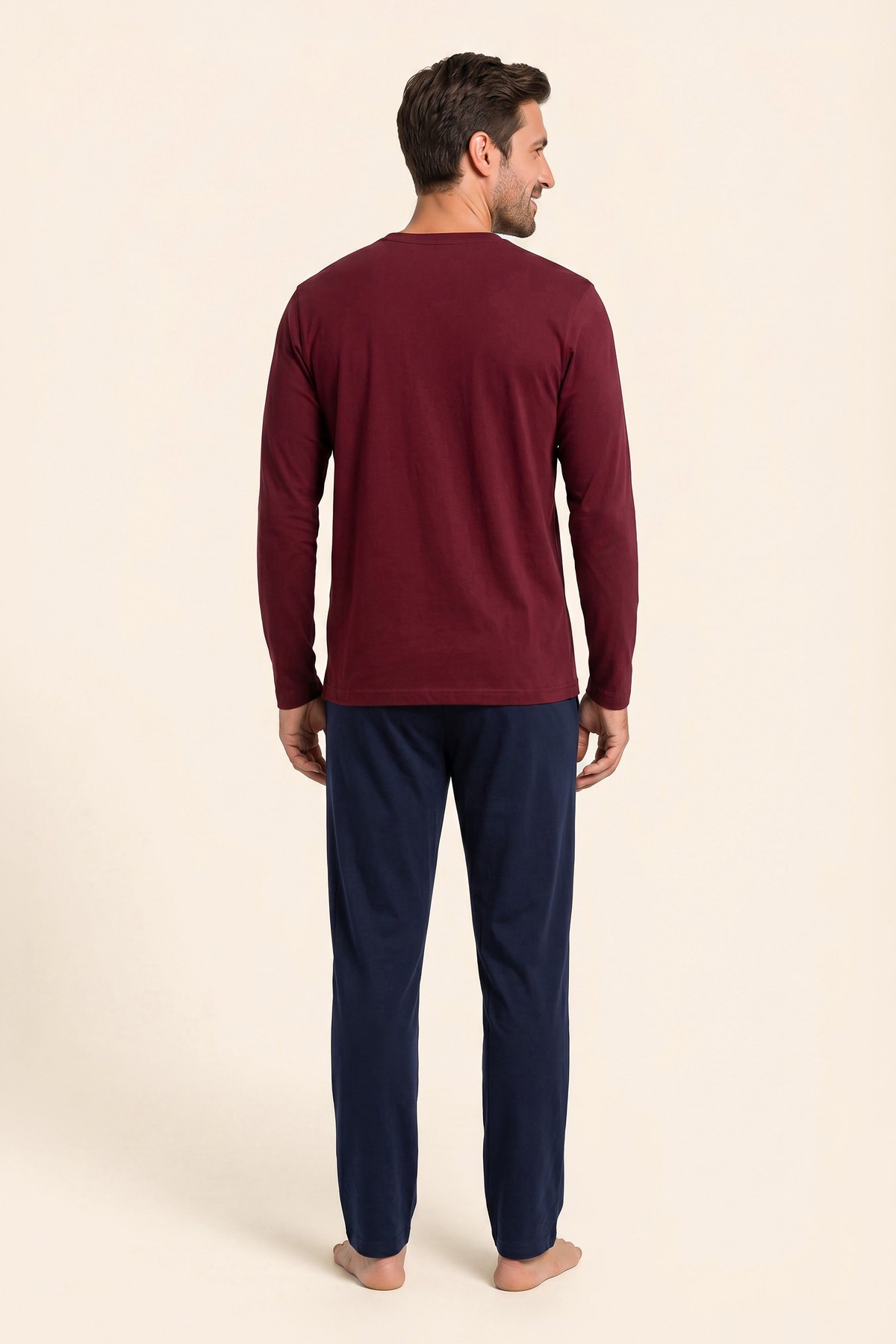 Erkek Pamuklu Bisiklet Yaka Uzun Kollu Pijama Takımı 9809 BORDO