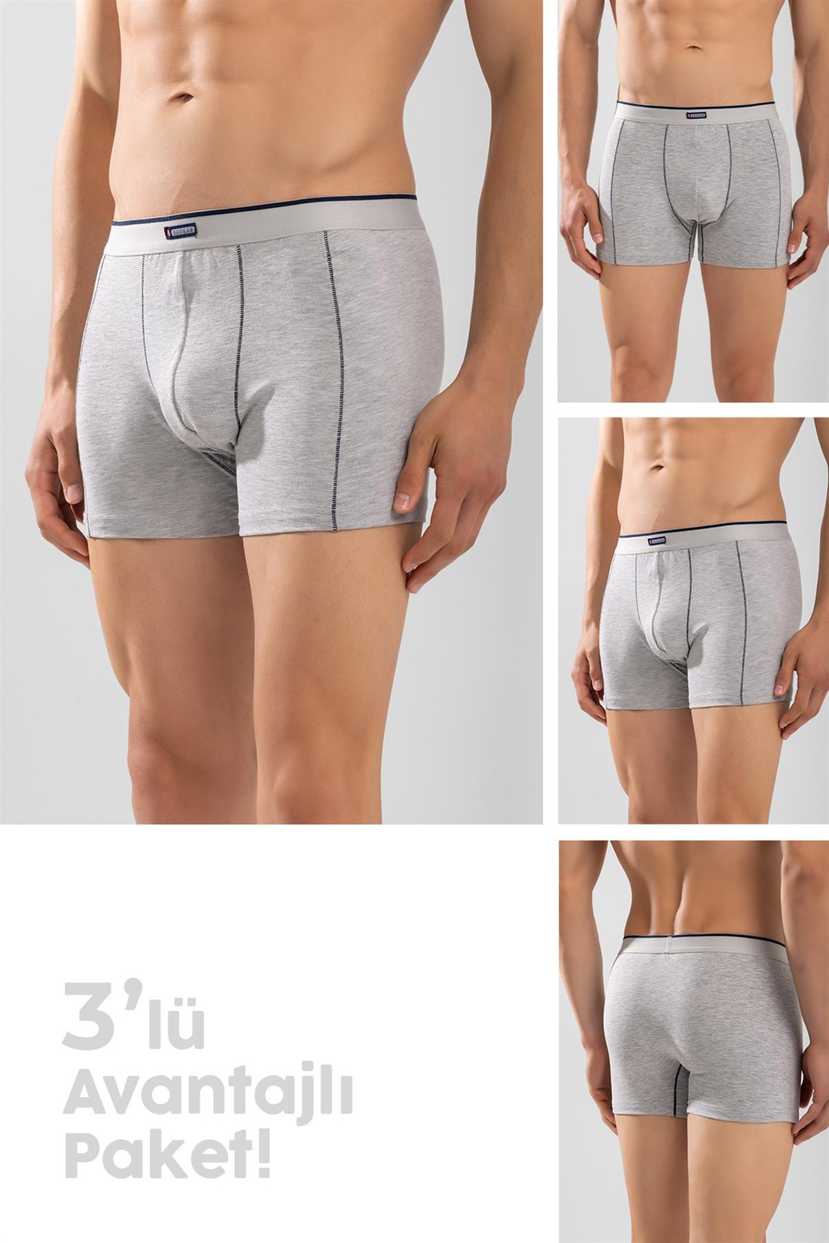 Erkek Pamuklu Compact Likralı Boxer3'lü Paket Gri Melanj