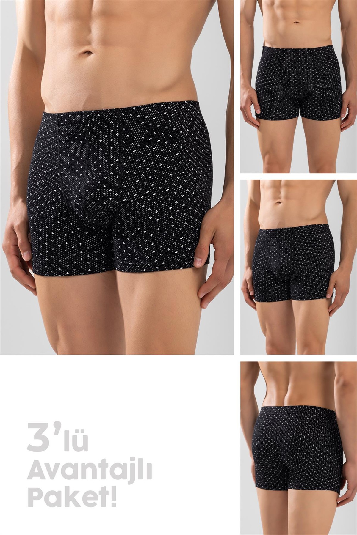 Erkek Pamuklu Compact Likralı Desenli Boxer3'lü Paket Siyah