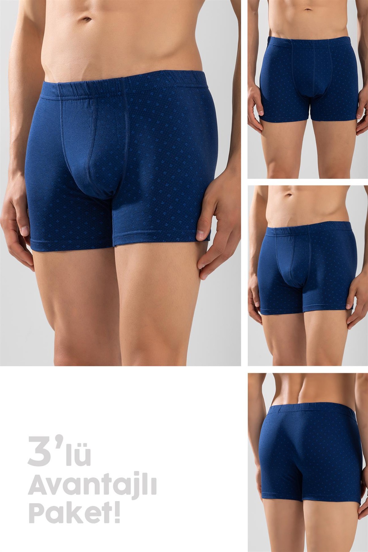 Erkek Pamuklu Compact Likralı Desenli Boxer3'lü Paket Lacivert