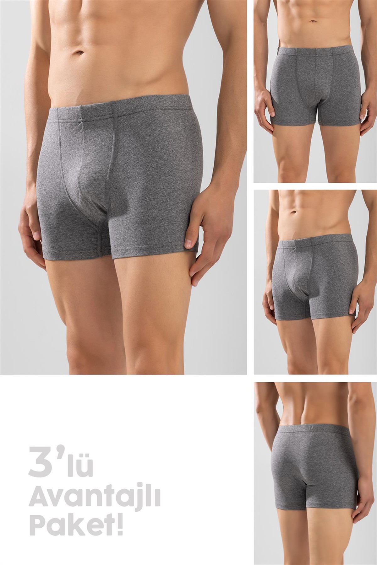 Erkek Pamuklu Likralı Düz Boxer3'lü Paket Boyalı Gri
