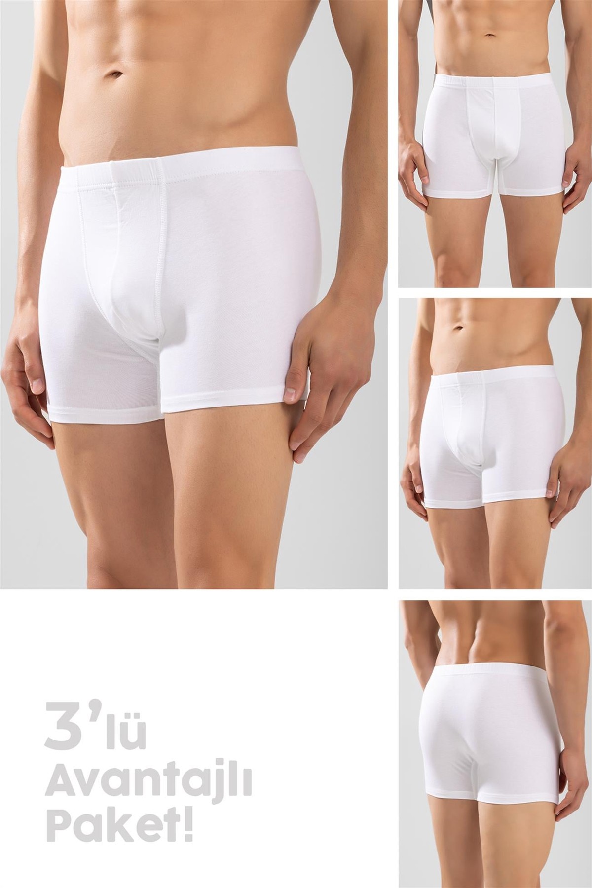 Erkek Pamuklu Likralı Düz Boxer3'lü Paket Beyaz