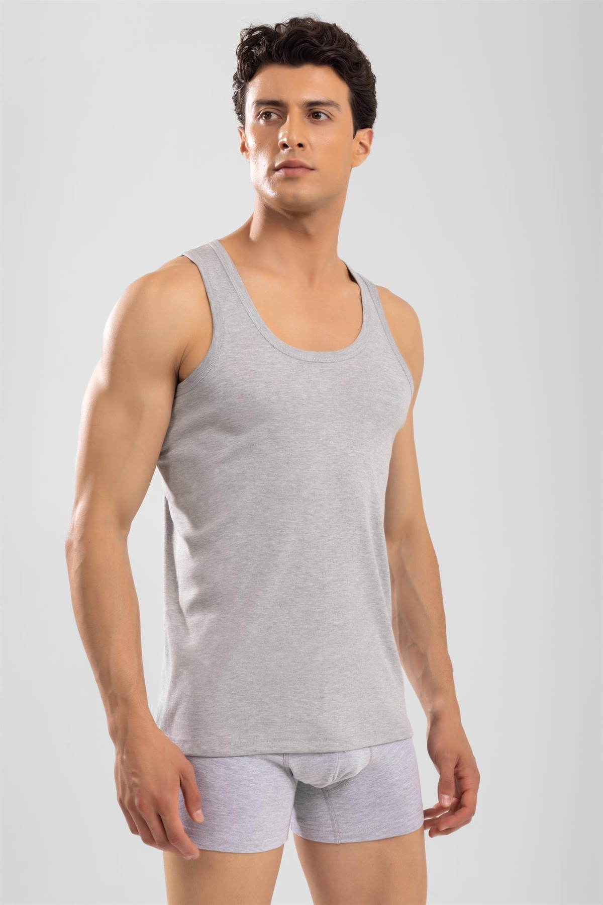 Erkek Pamuklu Slim Fit Düz Klasik Ribana Atlet 3'lü Paket Gri Melanj
