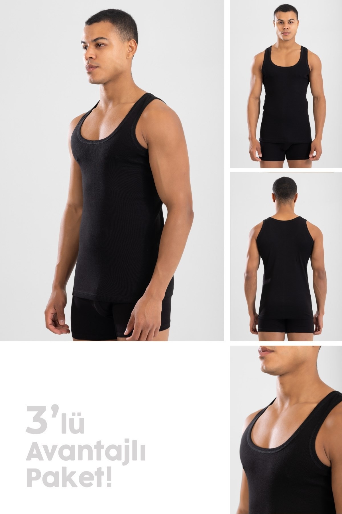 Erkek Pamuklu Slim Fit Düz Klasik Ribana Atlet 3'lü Paket Siyah