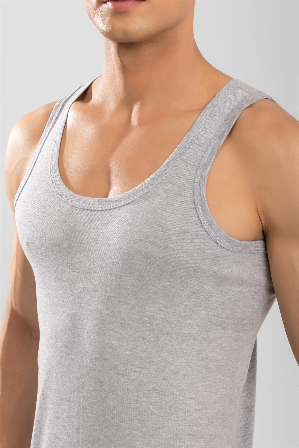 Erkek Pamuklu Slim Fit Düz Klasik Ribana Atlet 3'lü Paket Gri Melanj