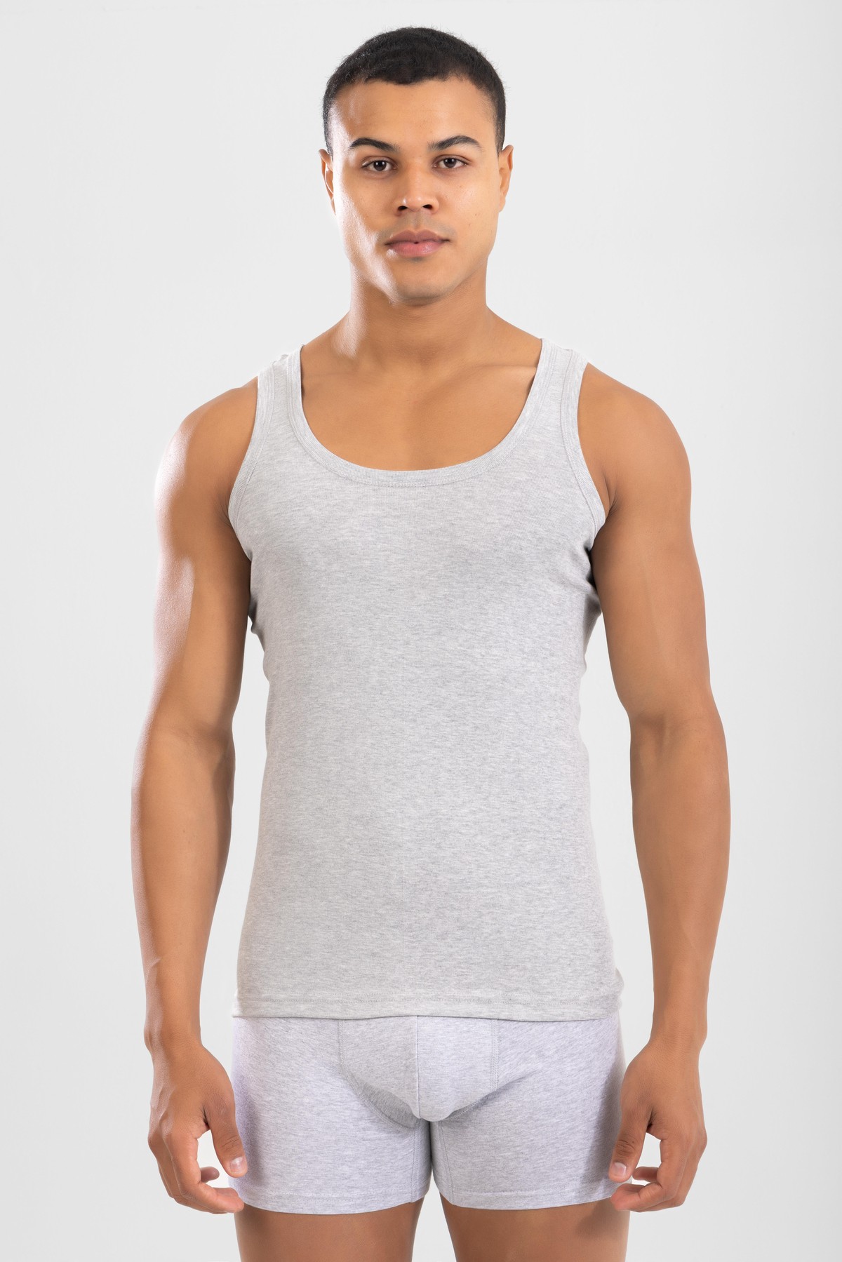 Erkek Pamuklu Slim Fit Düz Klasik Ribana Atlet Gri Melanj