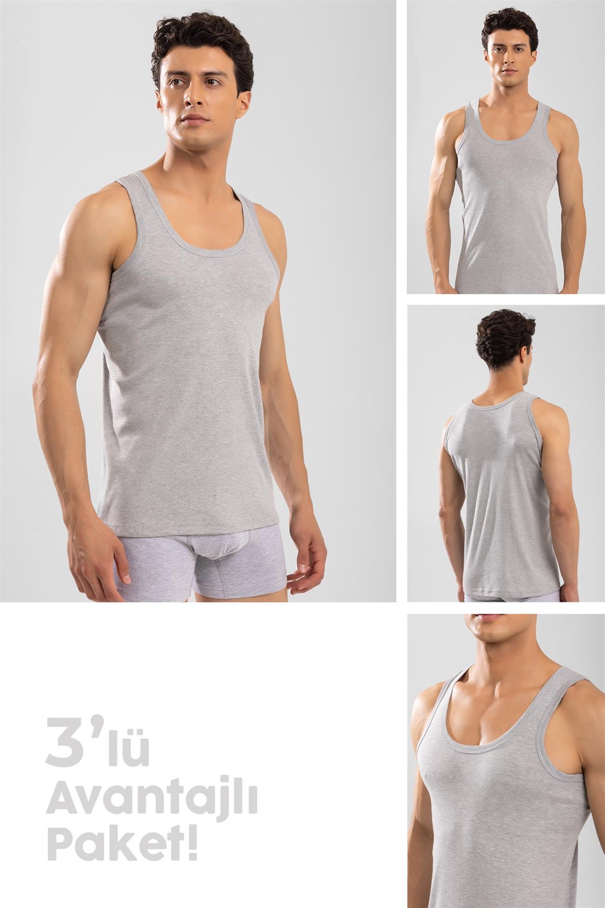 Erkek Pamuklu Slim Fit Düz Klasik Ribana Atlet 3'lü Paket Gri Melanj