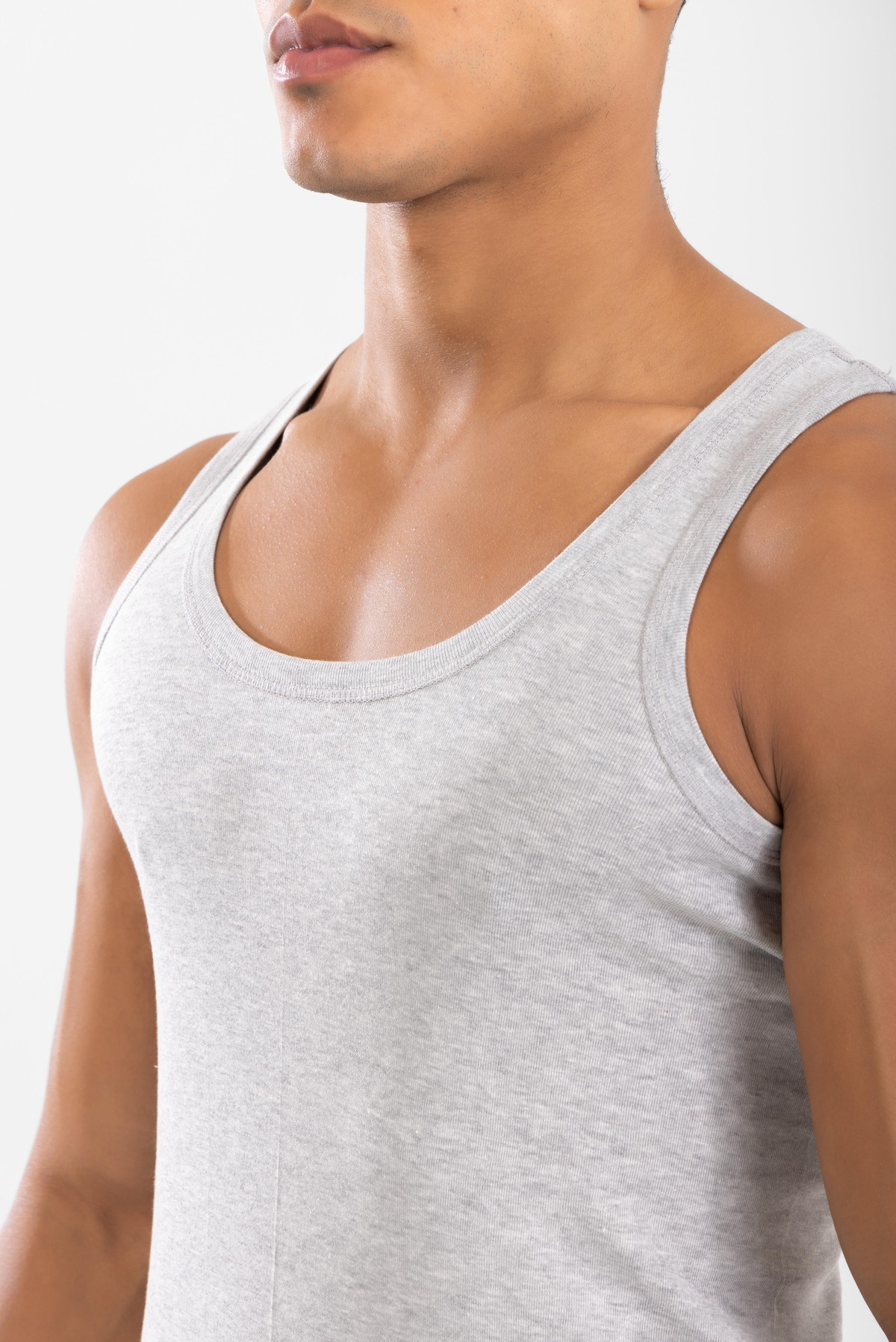 Erkek Pamuklu Slim Fit Düz Klasik Ribana Atlet Gri Melanj