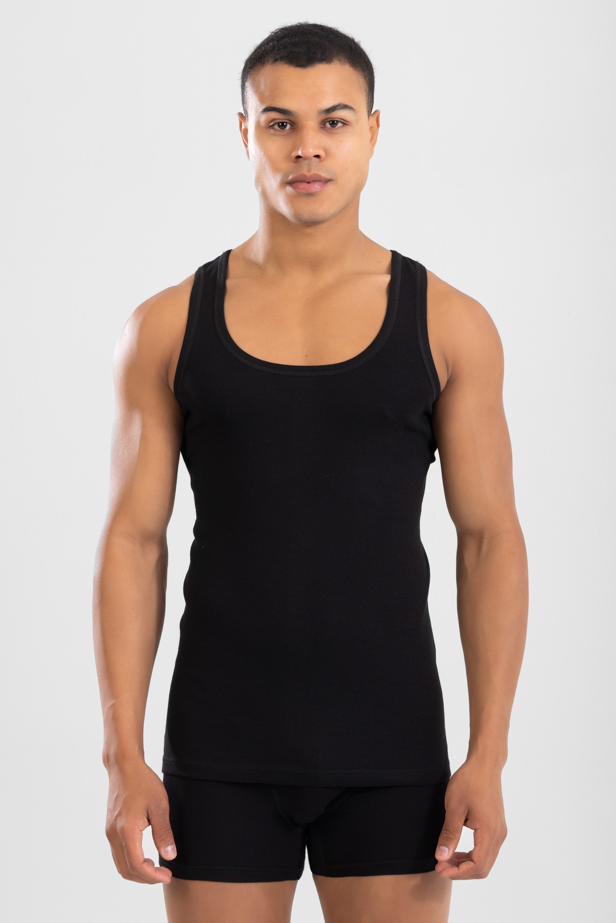 Erkek Pamuklu Slim Fit Düz Klasik Ribana Atlet 3'lü Paket Siyah