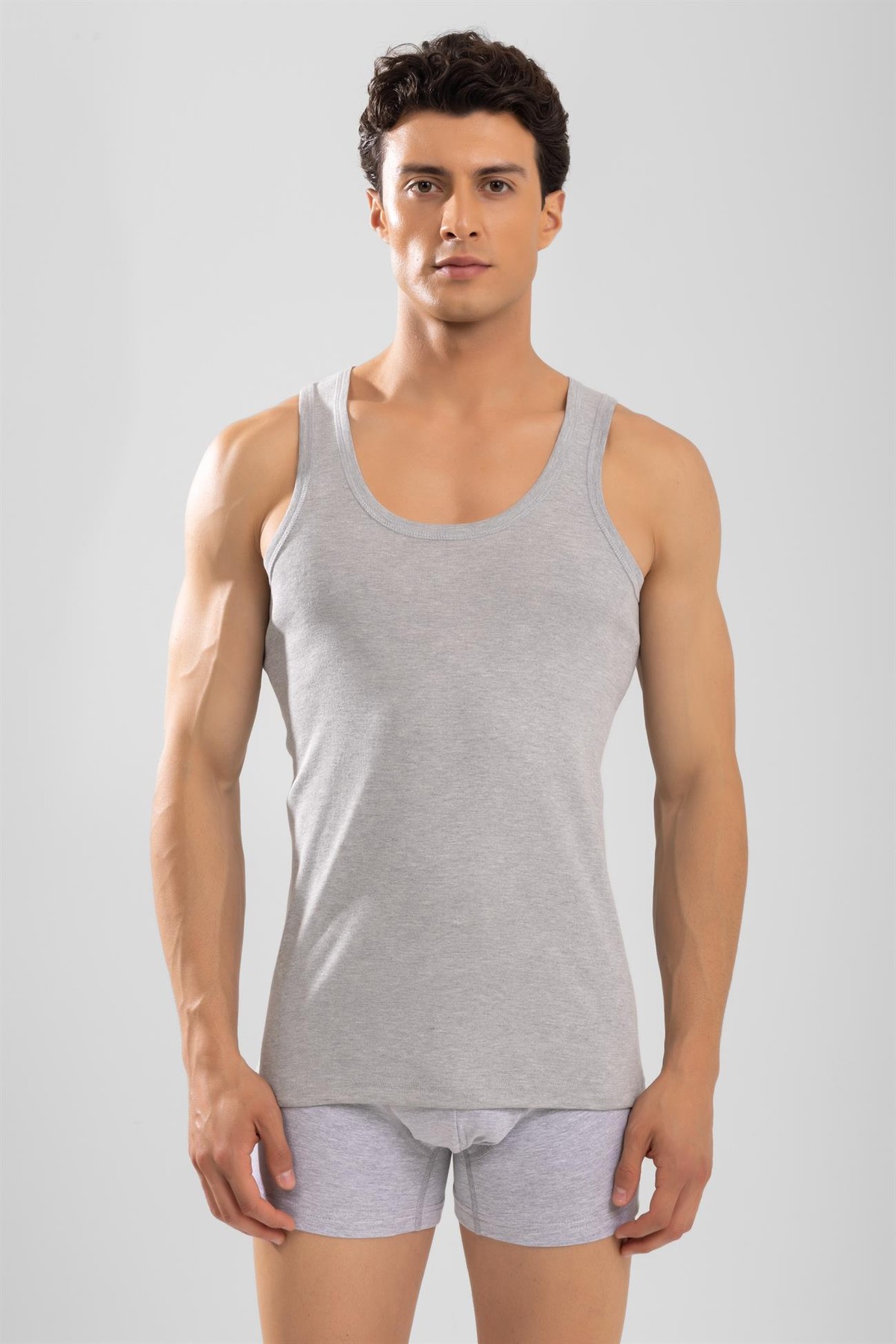 Erkek Pamuklu Slim Fit Düz Klasik Ribana Atlet 3'lü Paket Gri Melanj