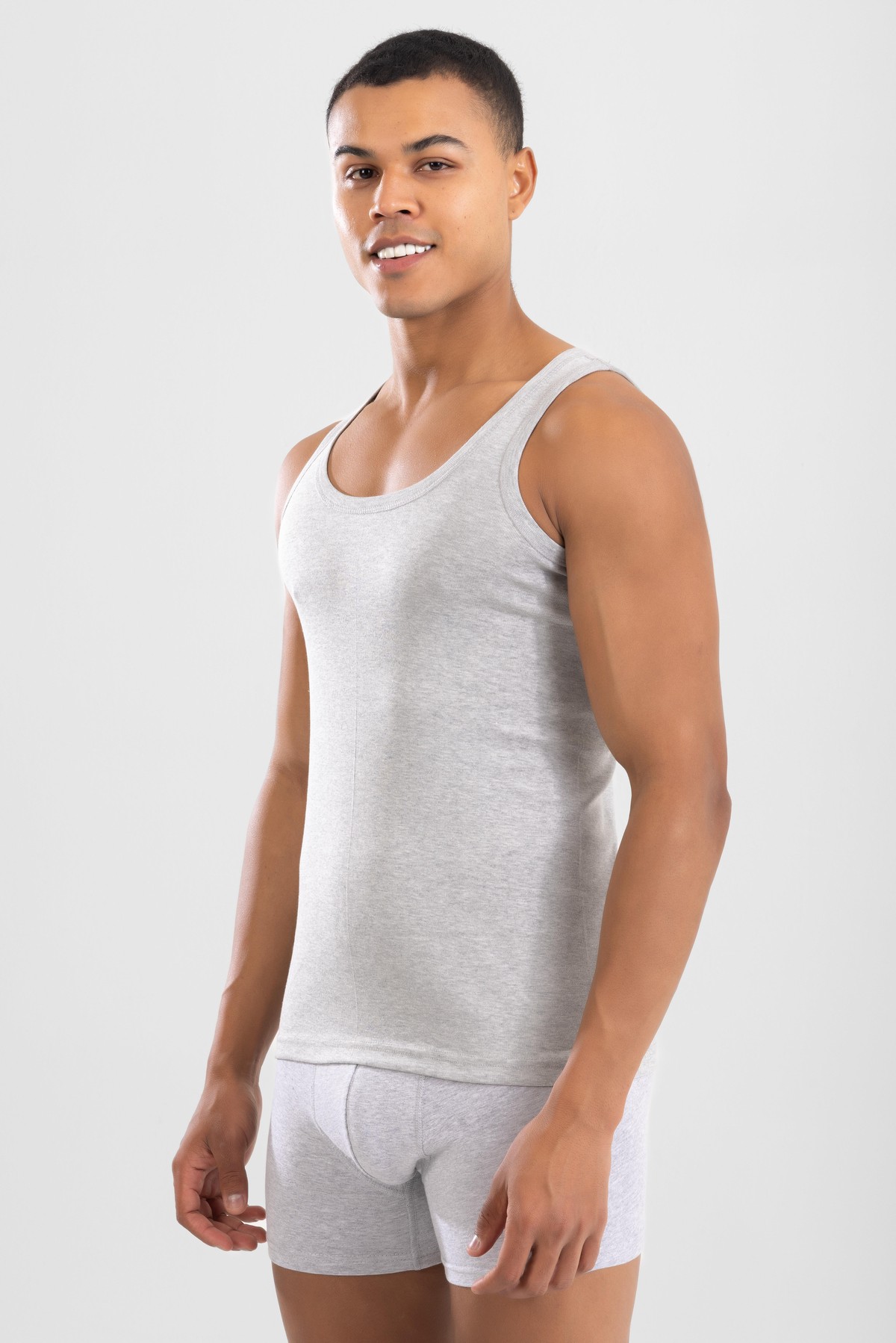 Erkek Pamuklu Slim Fit Düz Klasik Ribana Atlet Gri Melanj