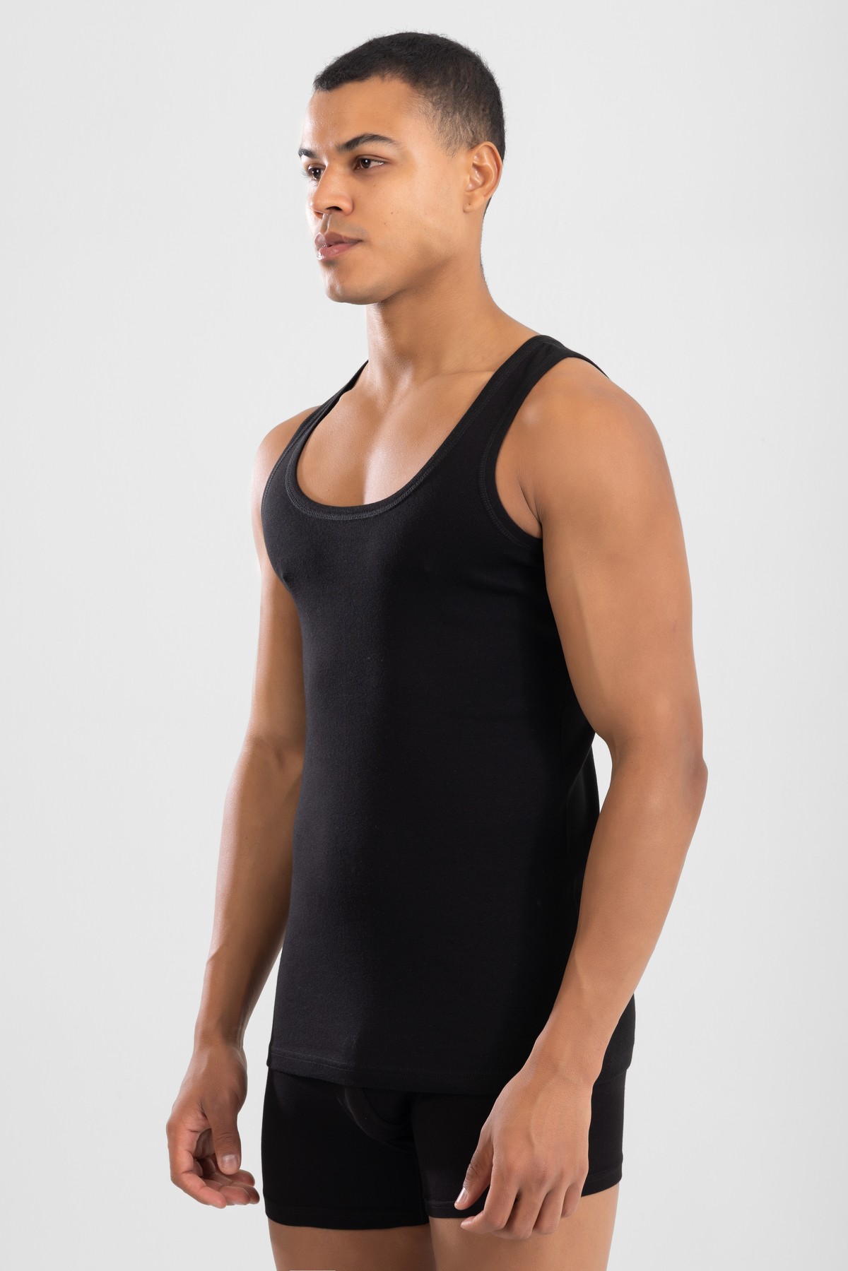 Erkek Pamuklu Slim Fit Düz Klasik Ribana Atlet 3'lü Paket Siyah