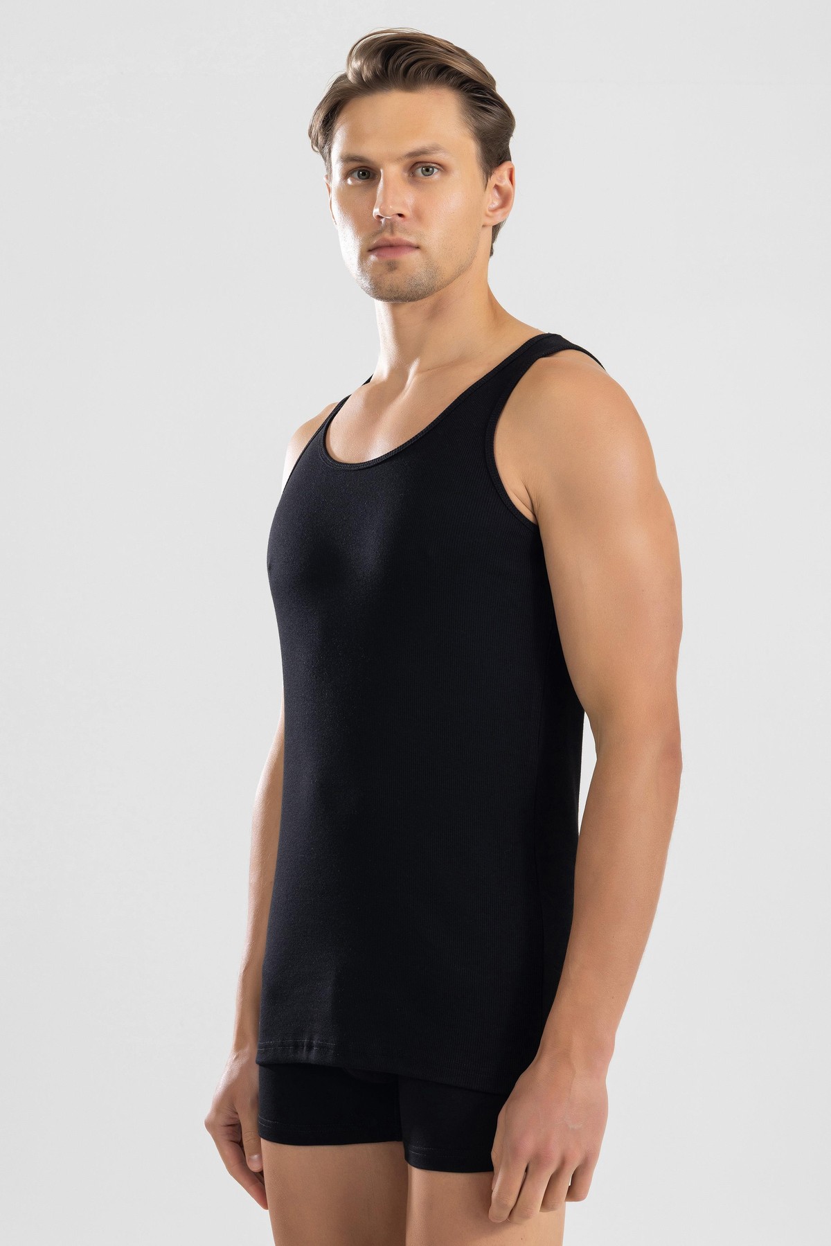 Erkek Slim Fit Esnek Pamuklu Kaşkorse Atlet Siyah