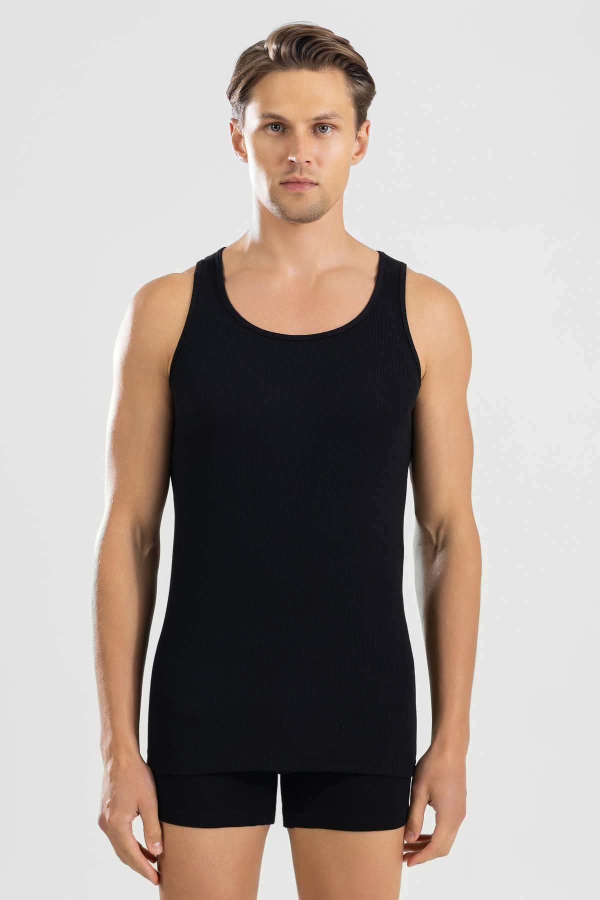 Erkek Slim Fit Esnek Pamuklu Kaşkorse Atlet Siyah
