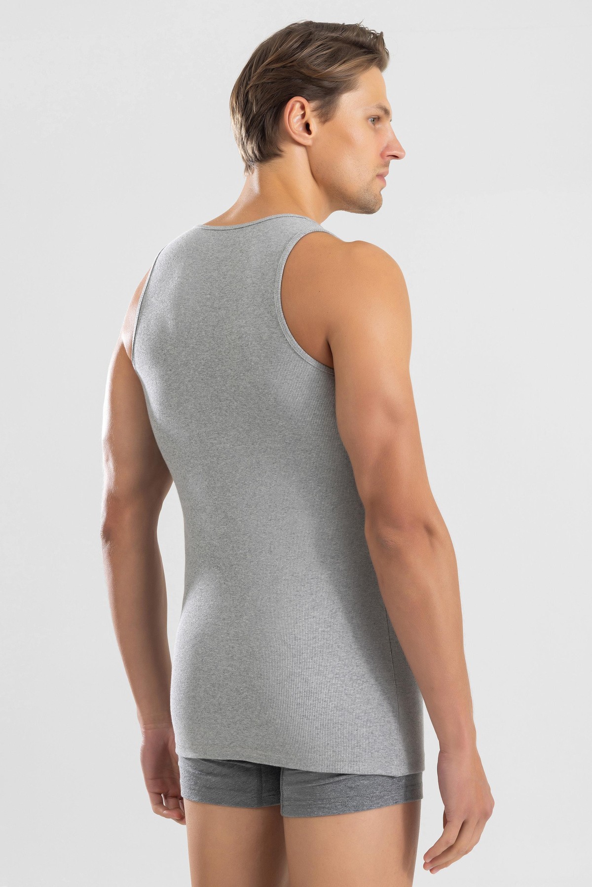 Erkek Slim Fit Esnek Pamuklu Ribana Atlet Gri Melanj