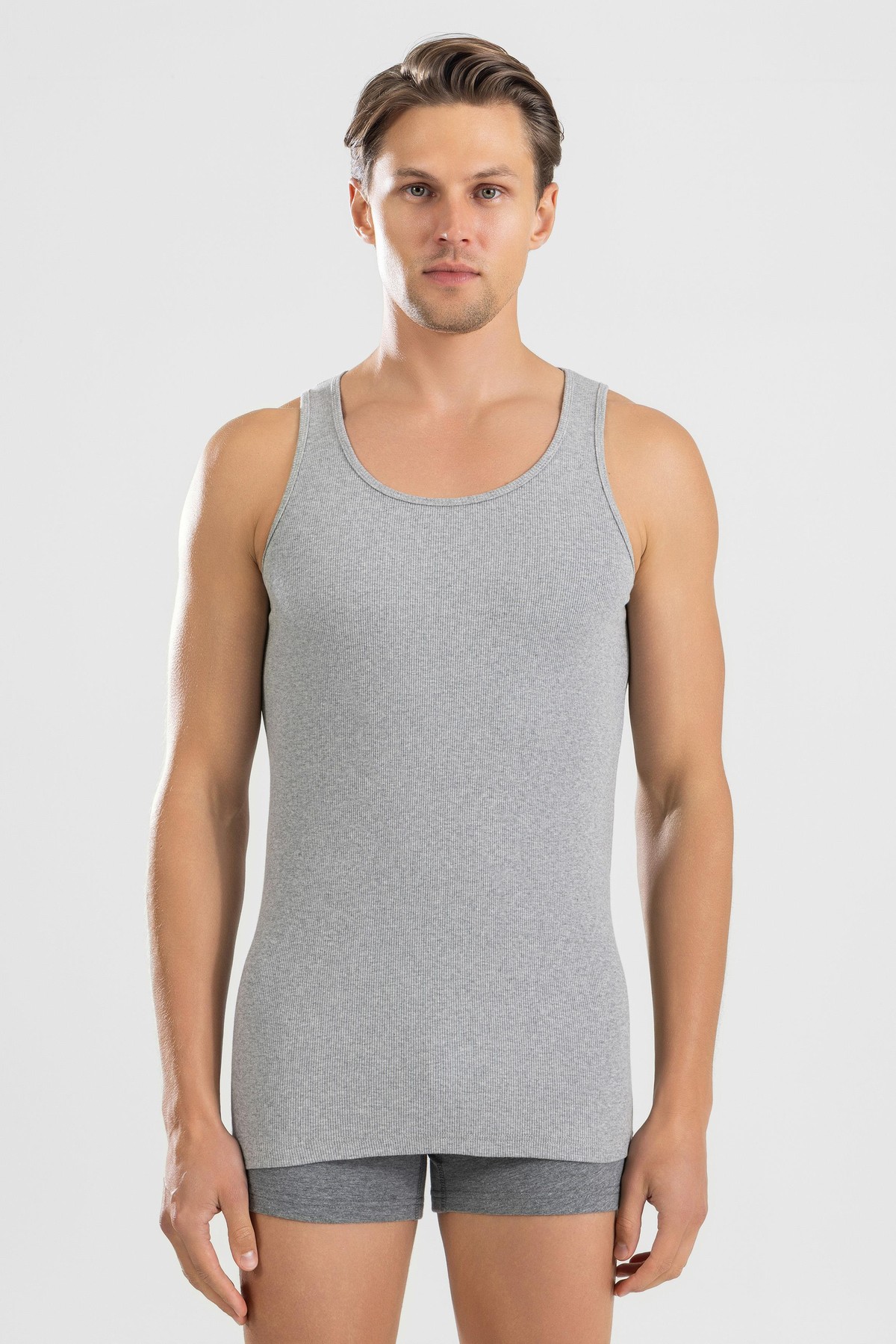 Erkek Slim Fit Esnek Pamuklu Ribana Atlet Gri Melanj