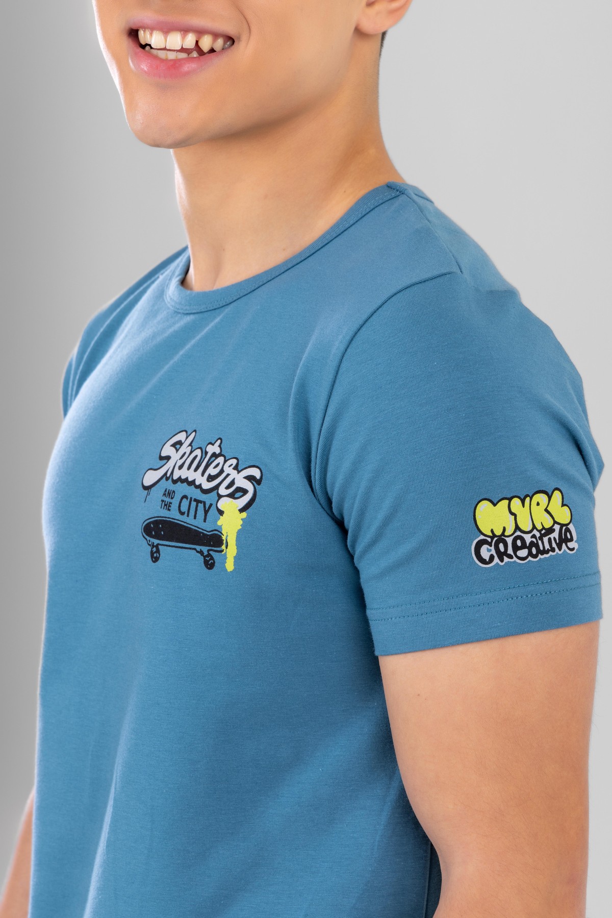 Genç Erkek Çocuk Pamuklu Bisiklet Yaka Yazı Baskılı Kısa Kollu Şortlu Pijama Takımı 9616 Mavi