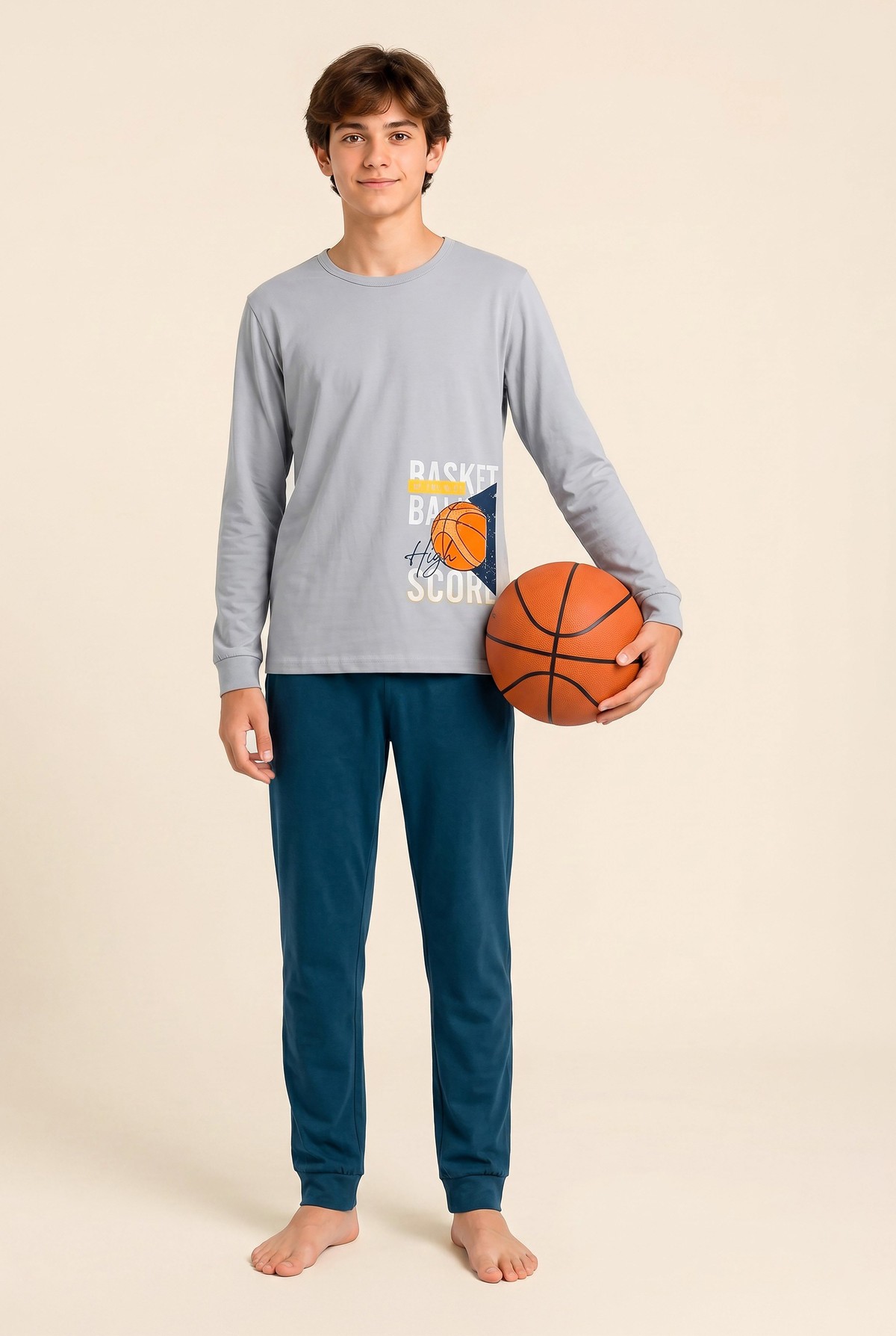 Genç Erkek Çocuk Pamuklu Bisiklet Yaka Basketbol Baskılı Uzun Kollu Pijama Takımı 9691 Gri