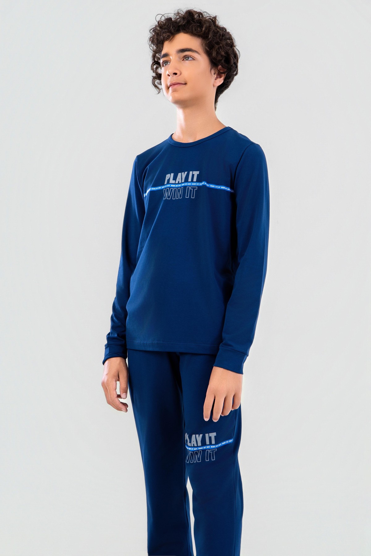 Genç Erkek Çocuk Pamuklu Bisiklet Yaka Uzun Kollu Pijama Takımı 9623-1 Lacivert