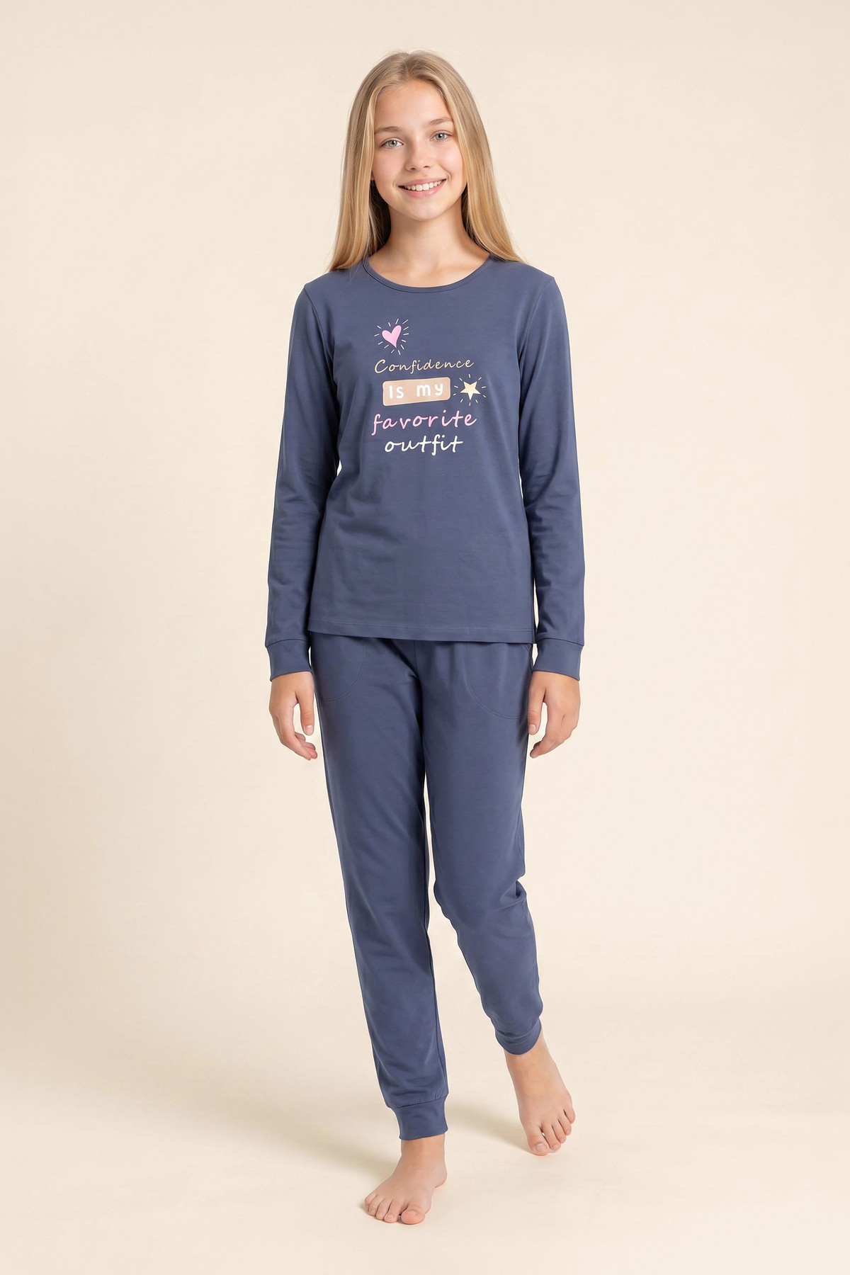 Genç Kız Çocuk Pamuklu Bisiklet Yaka Baskılı Uzun Kollu Pijama Takımı 9285 Lacivert