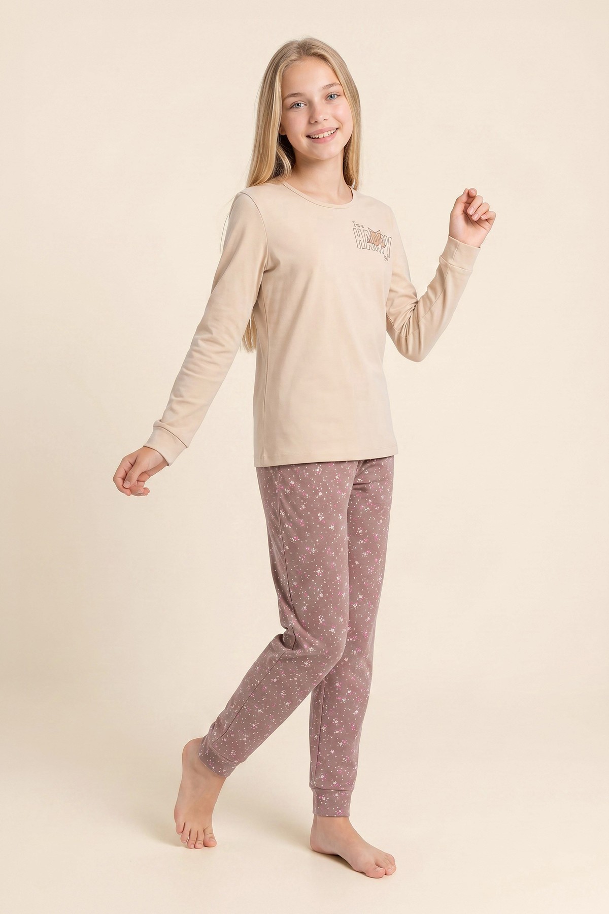 Genç Kız Çocuk Pamuklu Bisiklet Yaka Baskılı Uzun Kollu Pijama Takımı 9288 BEJ