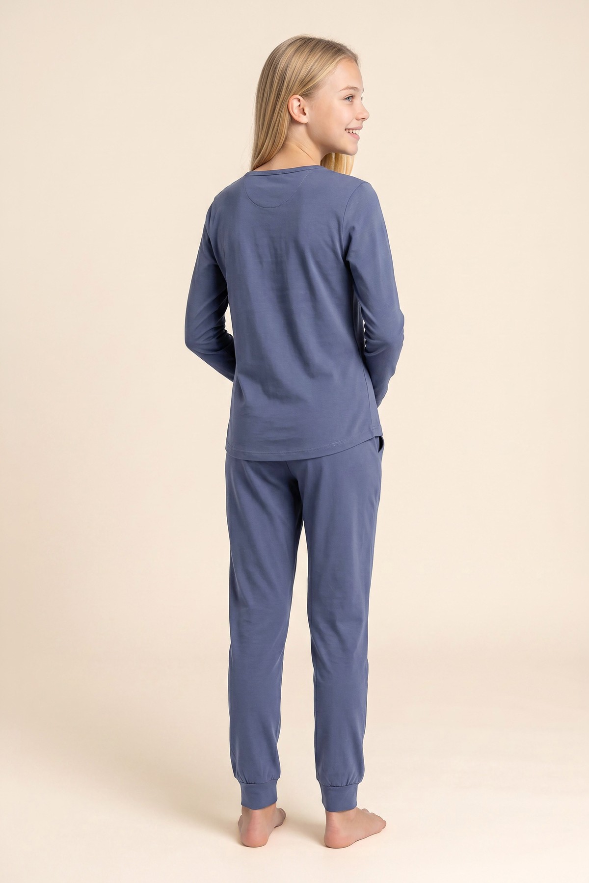 Genç Kız Çocuk Pamuklu Bisiklet Yaka Baskılı Uzun Kollu Pijama Takımı 9285 Lacivert